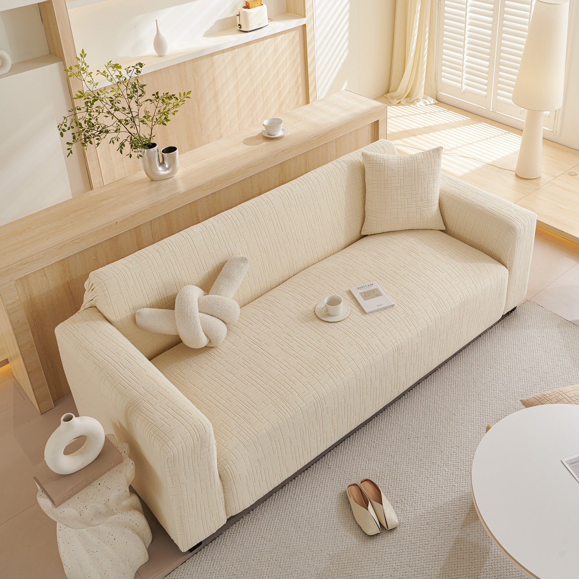 Living room with Embossed Lines Couch Covers Stretchable Non-Slip & Washable Sofa Slipcovers in a cozy setting