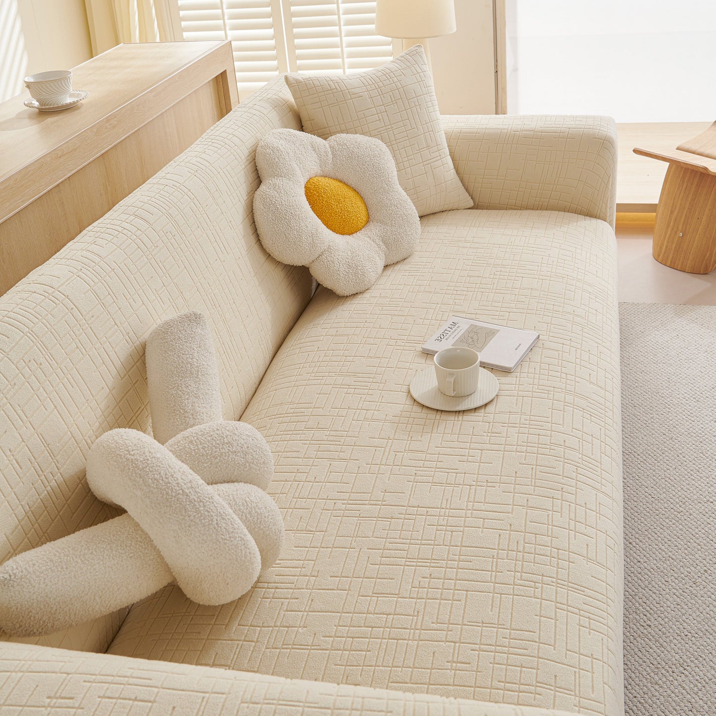 Embossed Lines Couch Covers Stretchable Non-Slip & Washable Sofa Slipcovers on beige sofa