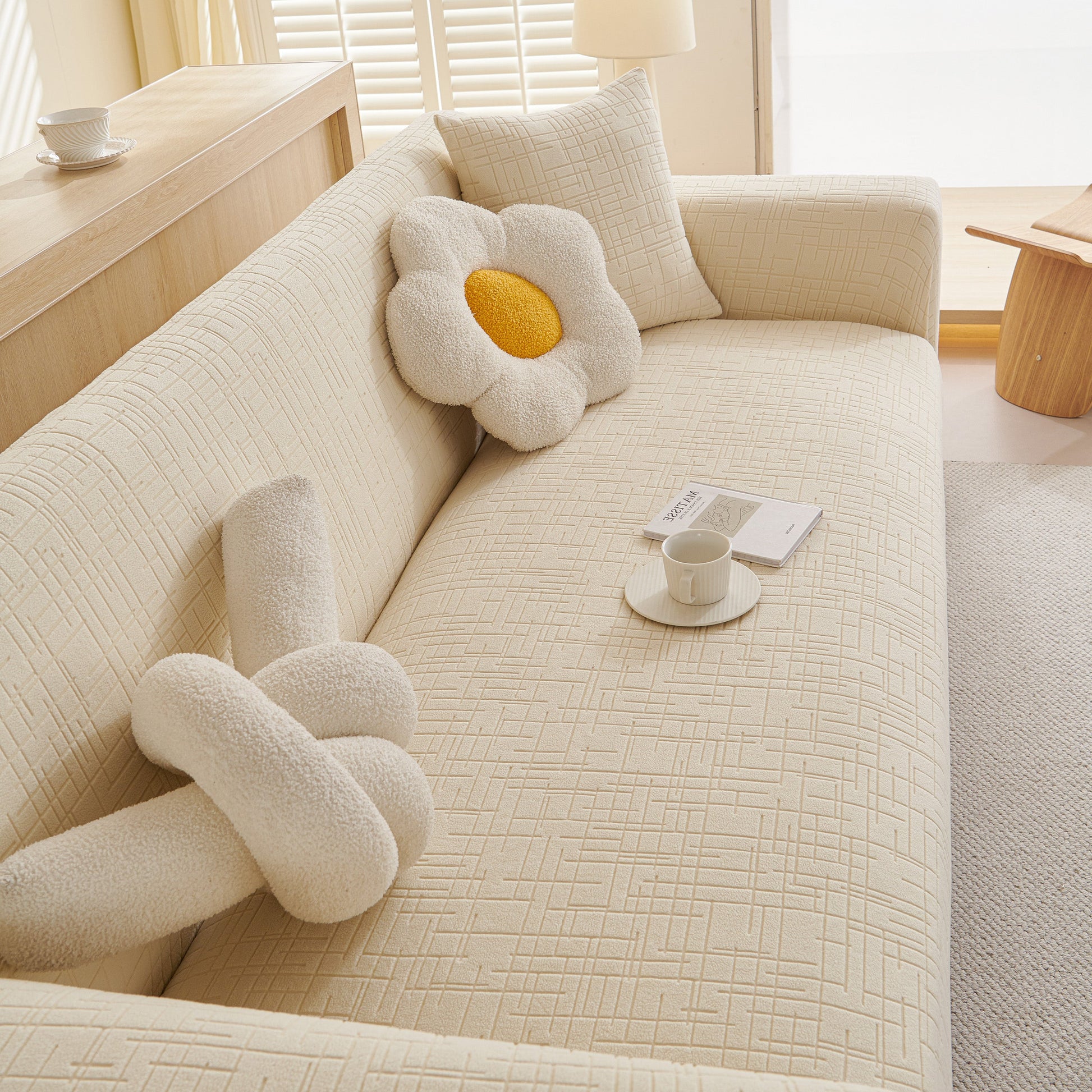 Embossed Lines Couch Covers Stretchable Non-Slip & Washable Sofa Slipcovers on beige sofa