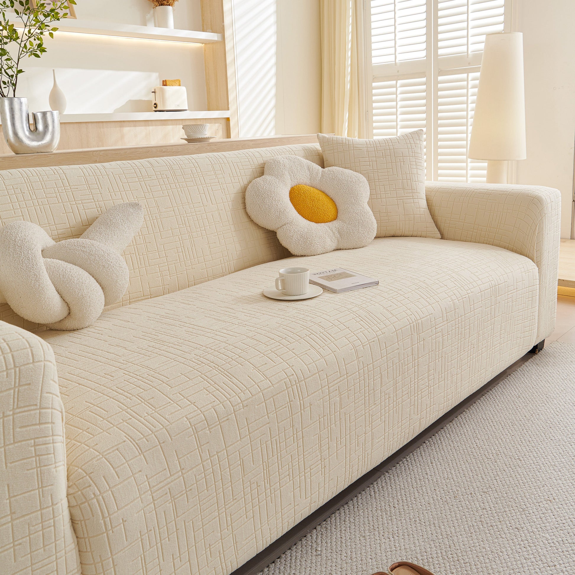 Embossed Lines Couch Covers Stretchable Non-Slip & Washable Sofa Slipcovers featuring embossed design in a cozy living room setting.