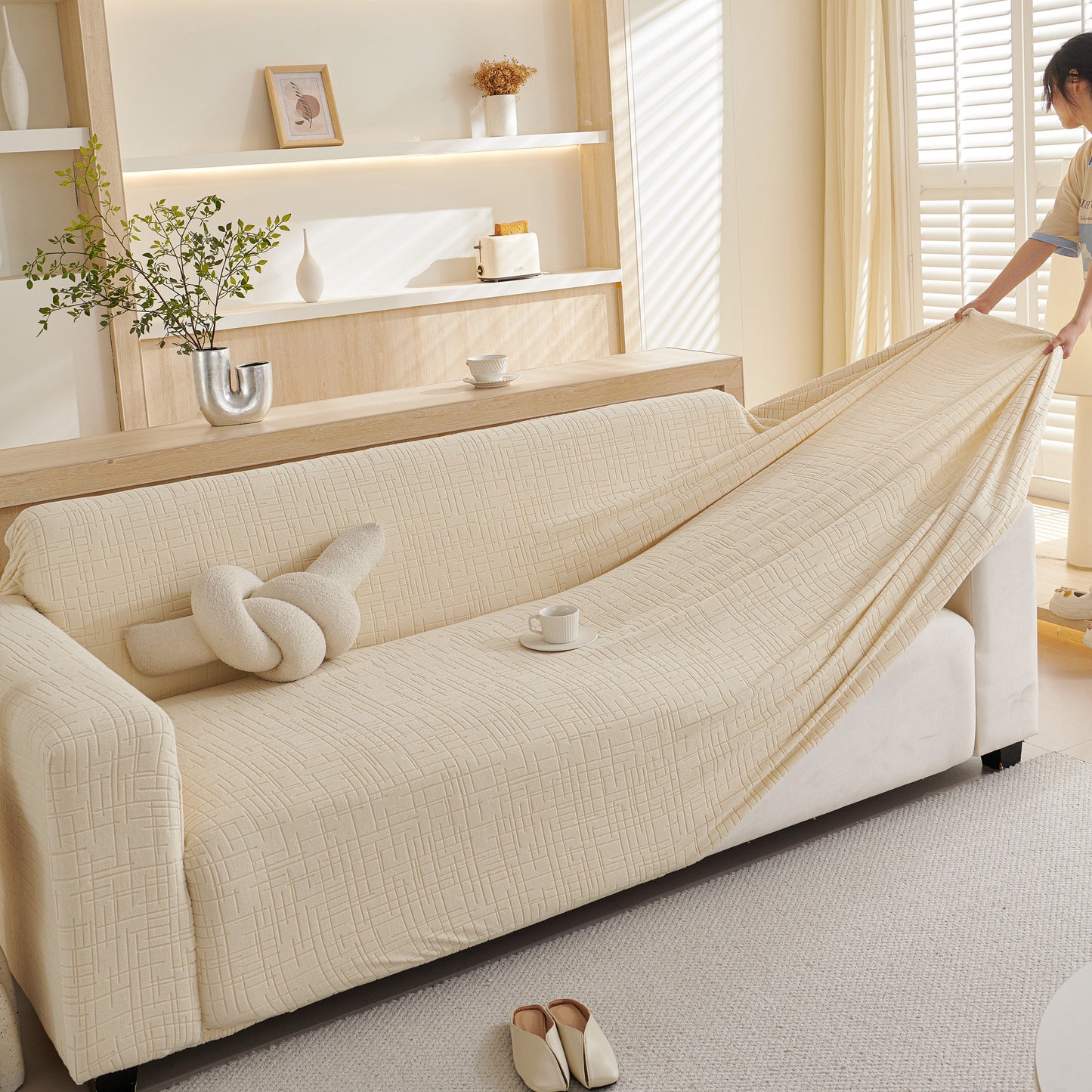 Cream Embossed Lines Couch Covers Stretchable Non-Slip & Washable Sofa Slipcovers on beige sofa in living room setting.