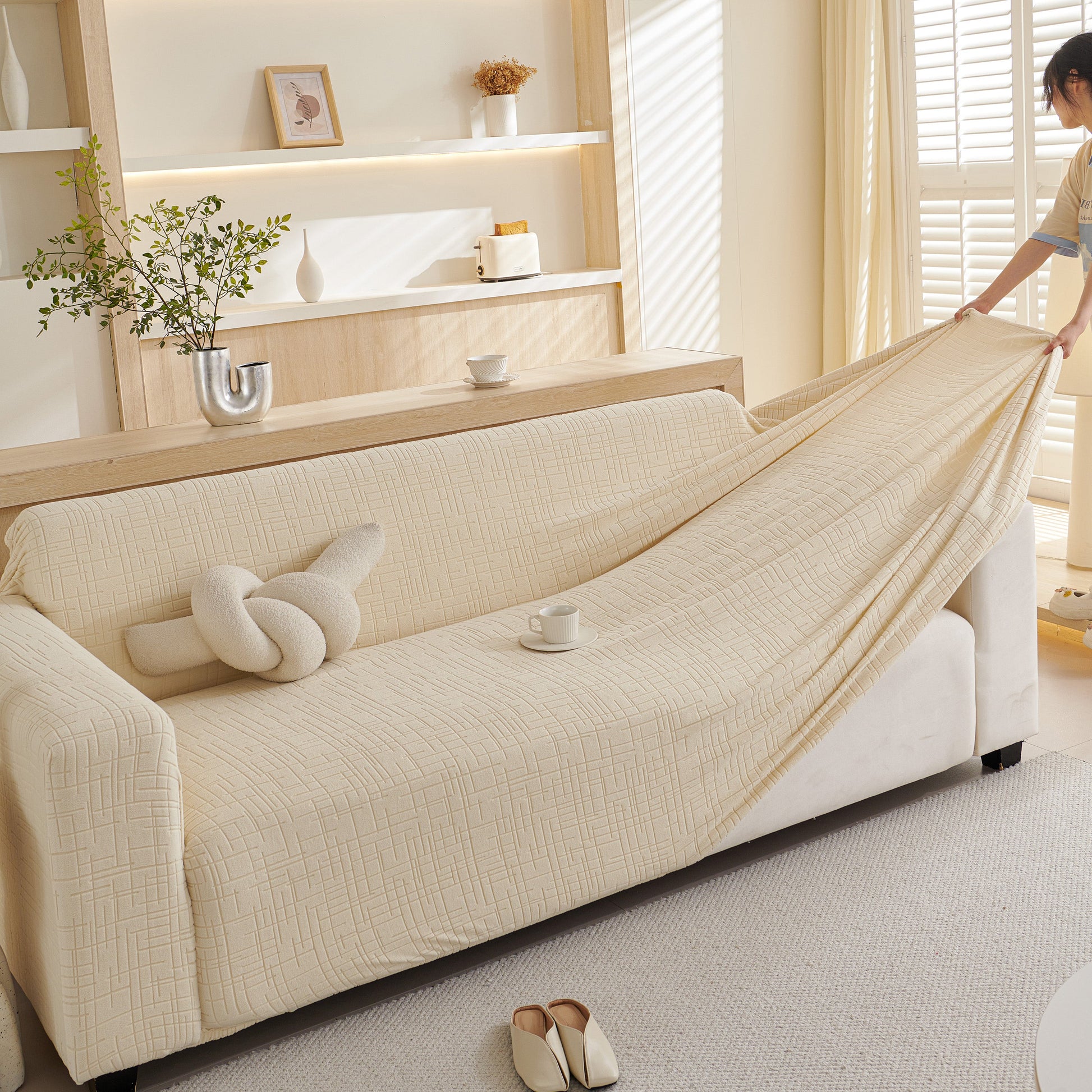 Cream Embossed Lines Couch Covers Stretchable Non-Slip & Washable Sofa Slipcovers on beige sofa in living room setting.