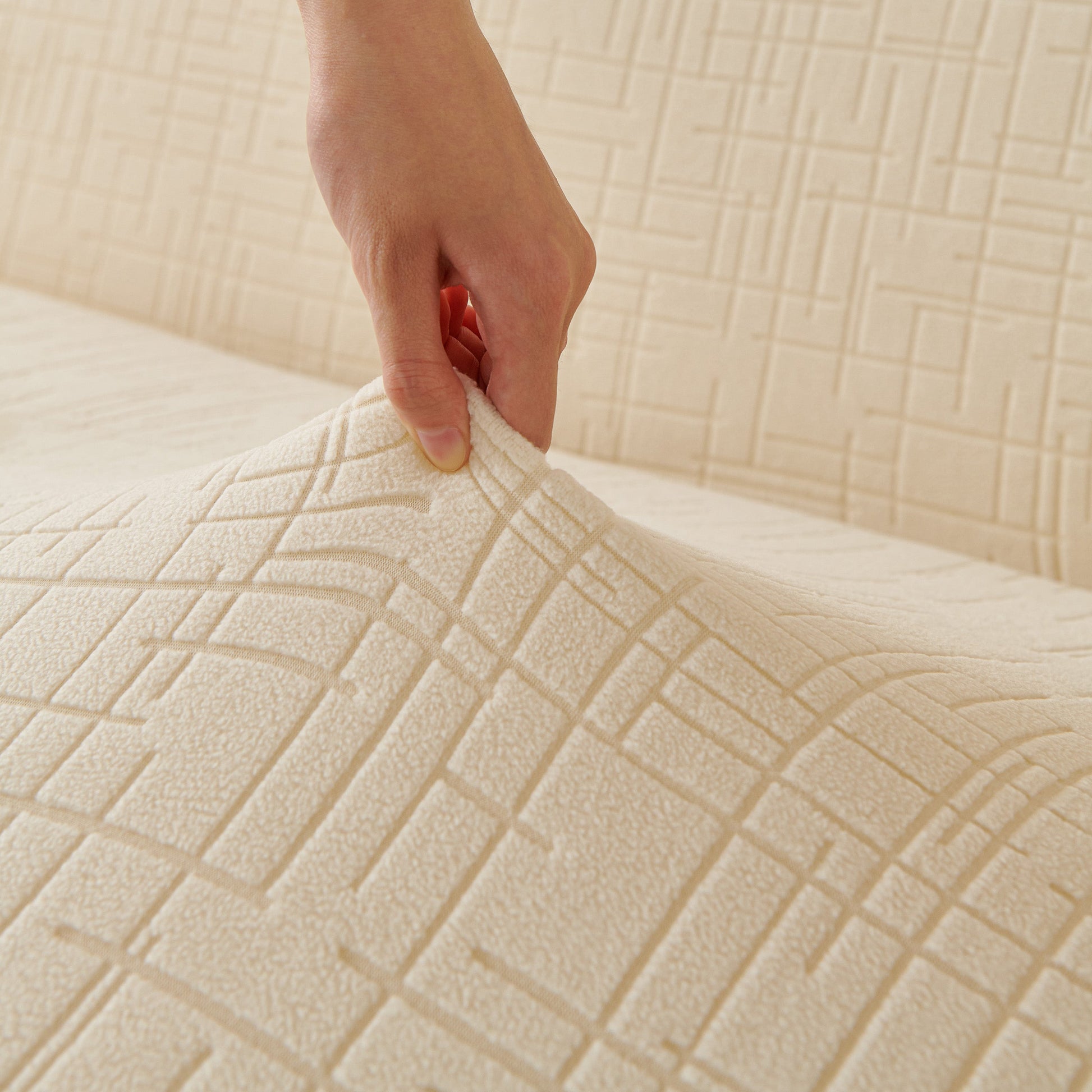Embossed Lines Couch Covers Stretchable Non-Slip & Washable Sofa Slipcovers in beige with detailed texture close-up.