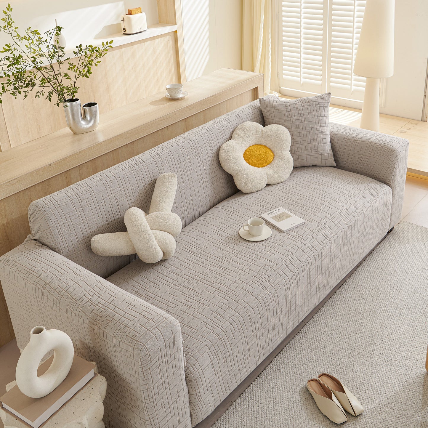Embossed Lines Couch Covers Stretchable Non-Slip & Washable Sofa Slipcovers