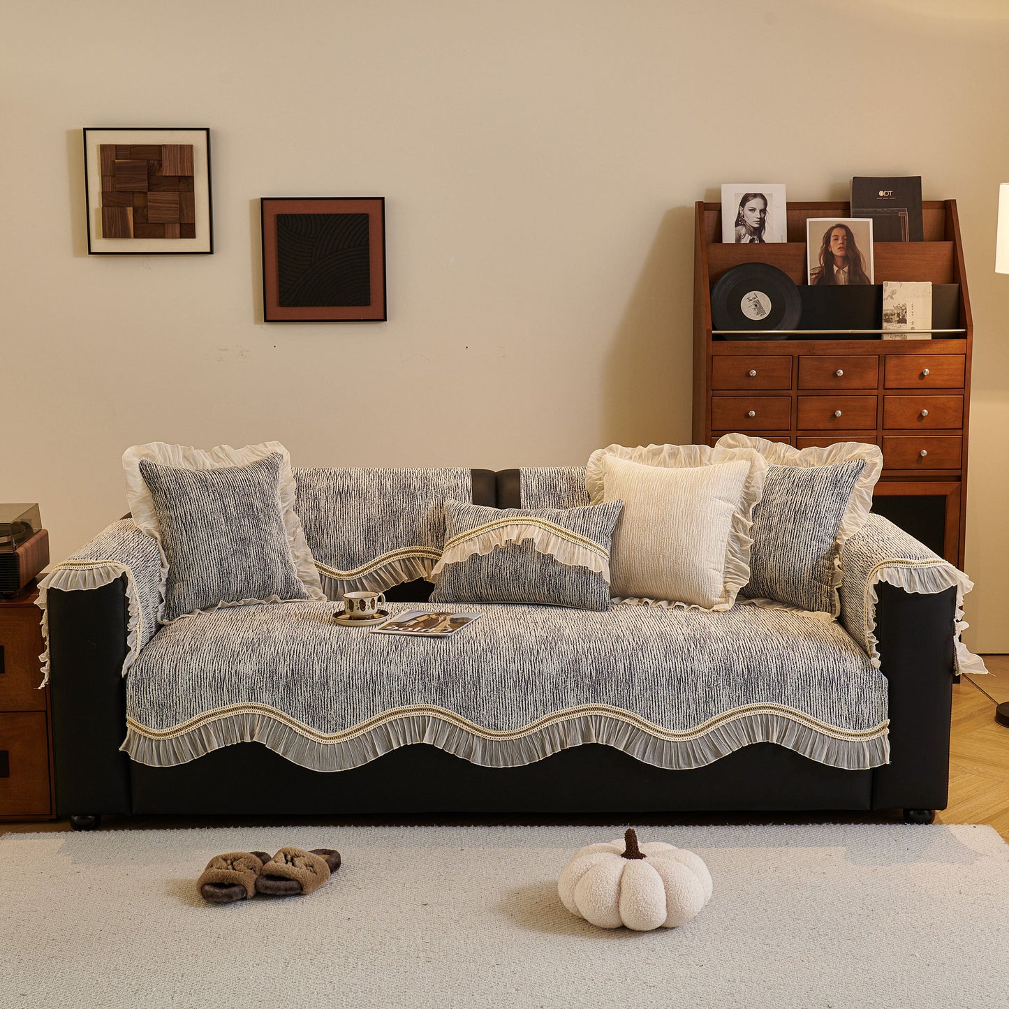 French Vintage Style Couch Cover with Skirt, Non-Slip Sectional Furniture Covers in a living room setting.