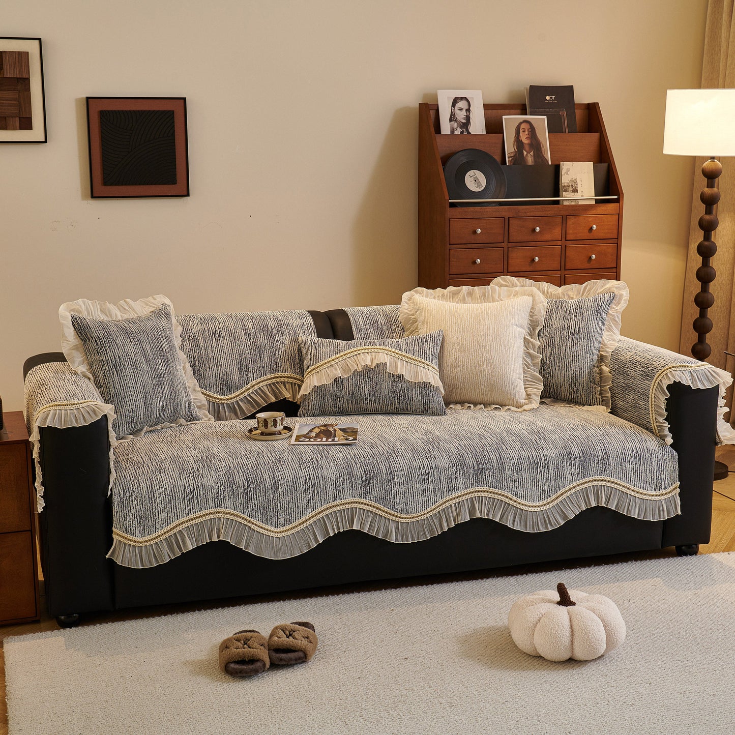 French Vintage Style Couch Cover with Skirt, Non-Slip Sectional Furniture Covers in chenille with gold embroidery and ruffle edges