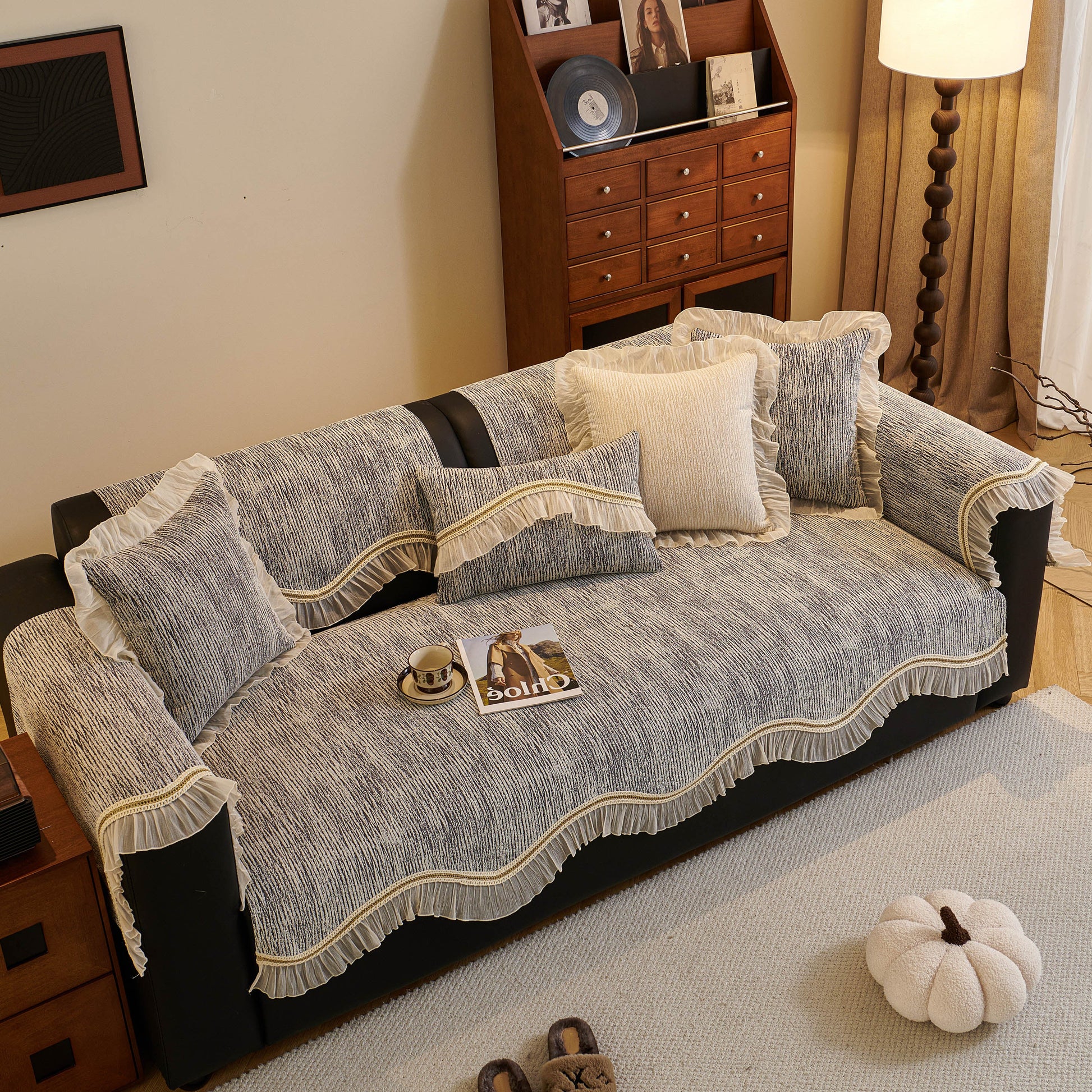 French Vintage Style Couch Cover with Skirt, Non-Slip Sectional Furniture Covers on a sofa with chenille fabric and decorative trim.