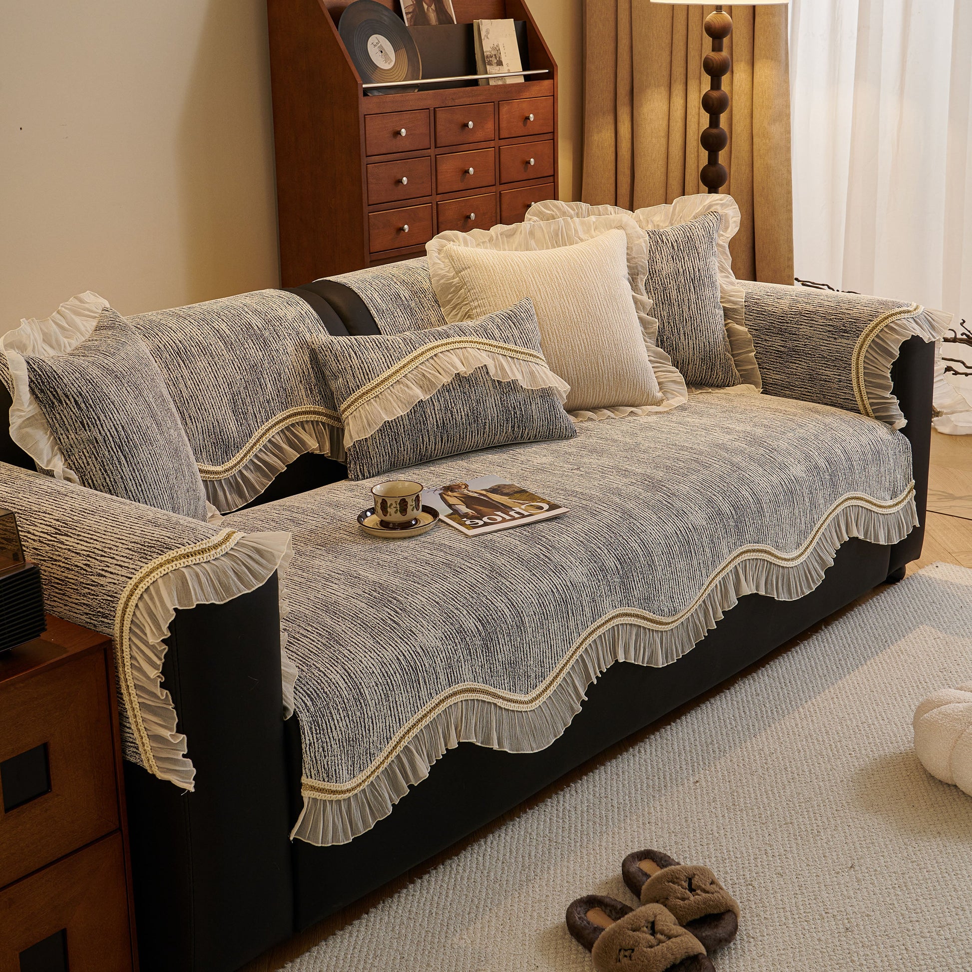 French Vintage Style Couch Cover with Skirt, Non-Slip Sectional Furniture Covers in chenille fabric with decorative trim and ruffle edges