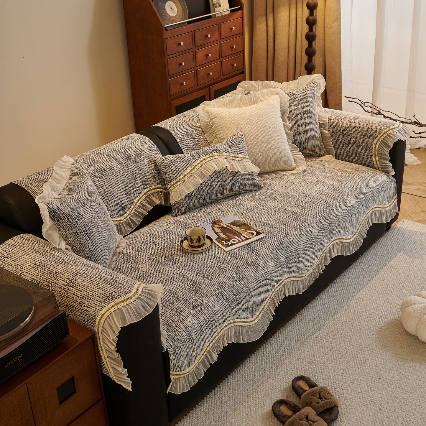 French Vintage Style Couch Cover with Skirt, Non-Slip Sectional Furniture Covers on a sofa in a cozy living room setting