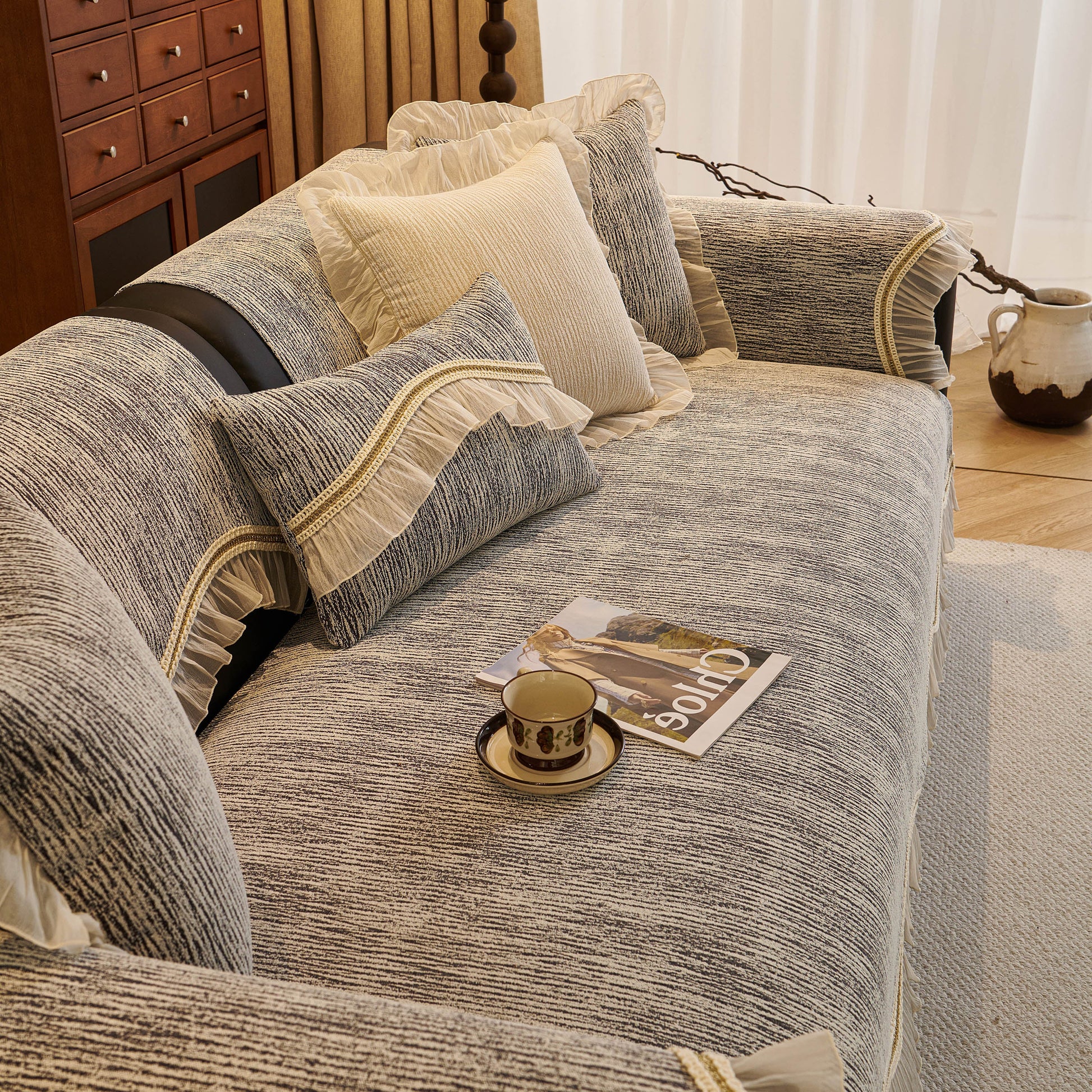 French Vintage Style Couch Cover with Skirt, Non-Slip Sectional Furniture Covers on sofa in living room