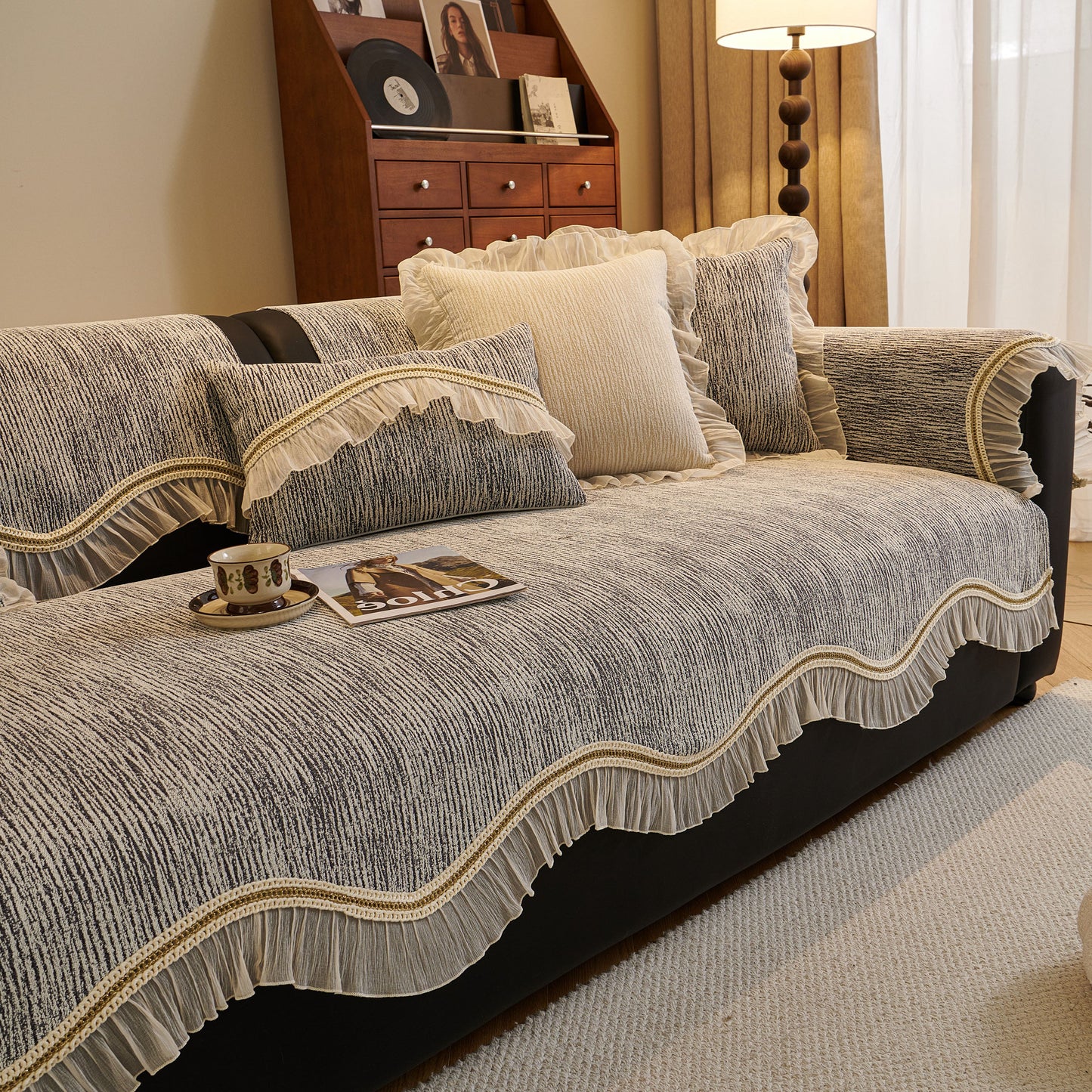 French Vintage Style Couch Cover with Skirt, Non-Slip Sectional Furniture Covers in chenille fabric with decorative ruffle edges