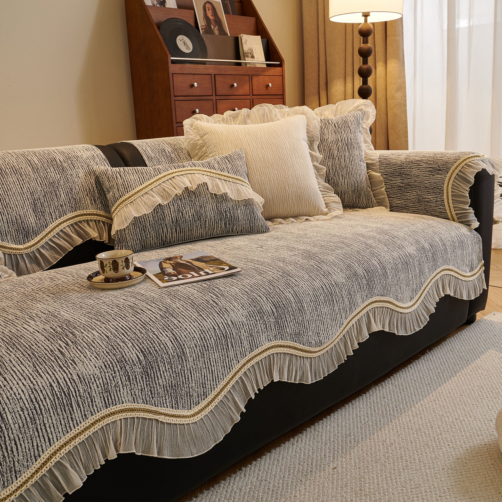 French Vintage Style Couch Cover with Skirt, Non-Slip Sectional Furniture Covers in chenille fabric with decorative ruffle edges