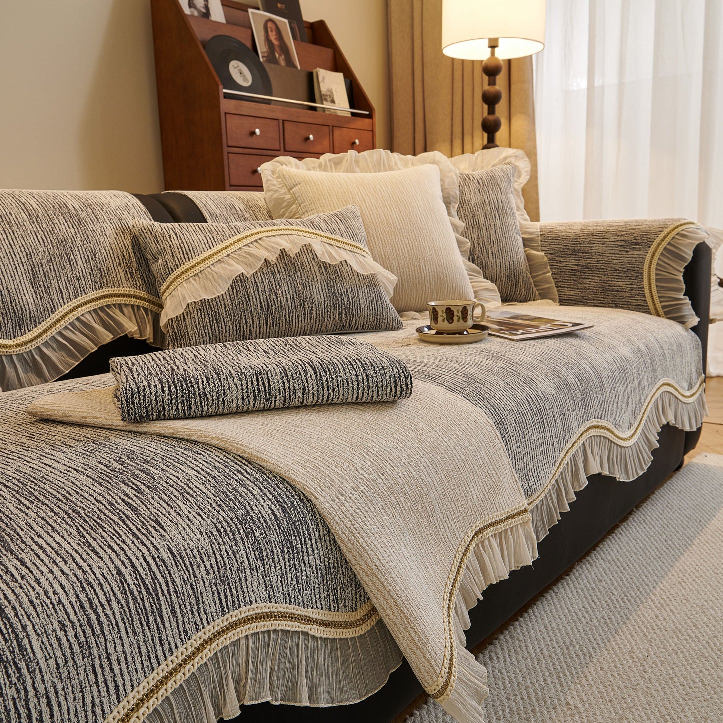 French Vintage Style Couch Cover with Skirt, Non-Slip Sectional Furniture Covers featuring chenille fabric with ruffle edges