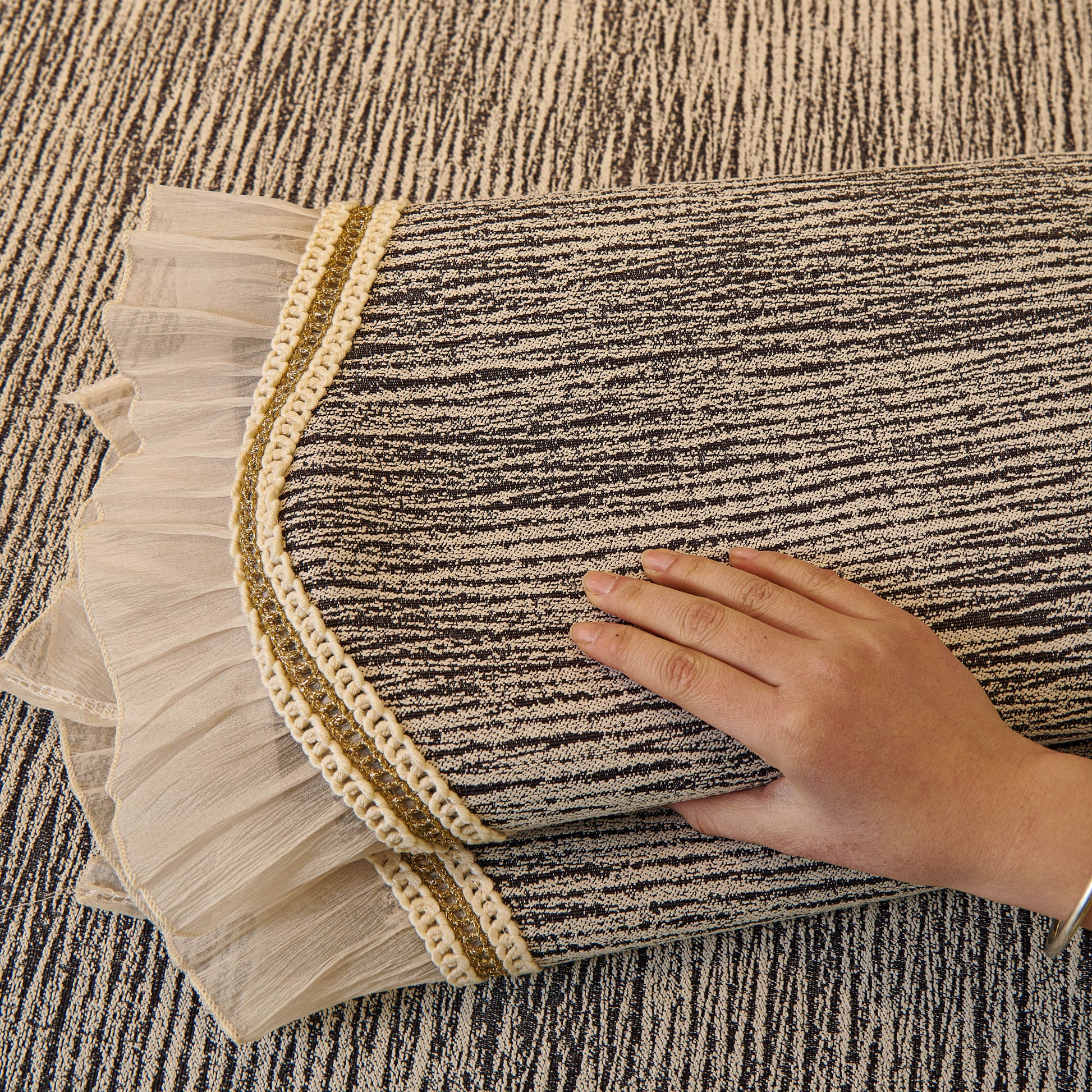 French Vintage Style Couch Cover with Skirt, Non-Slip Sectional Furniture Covers in chenille fabric with gold embroidery trim.