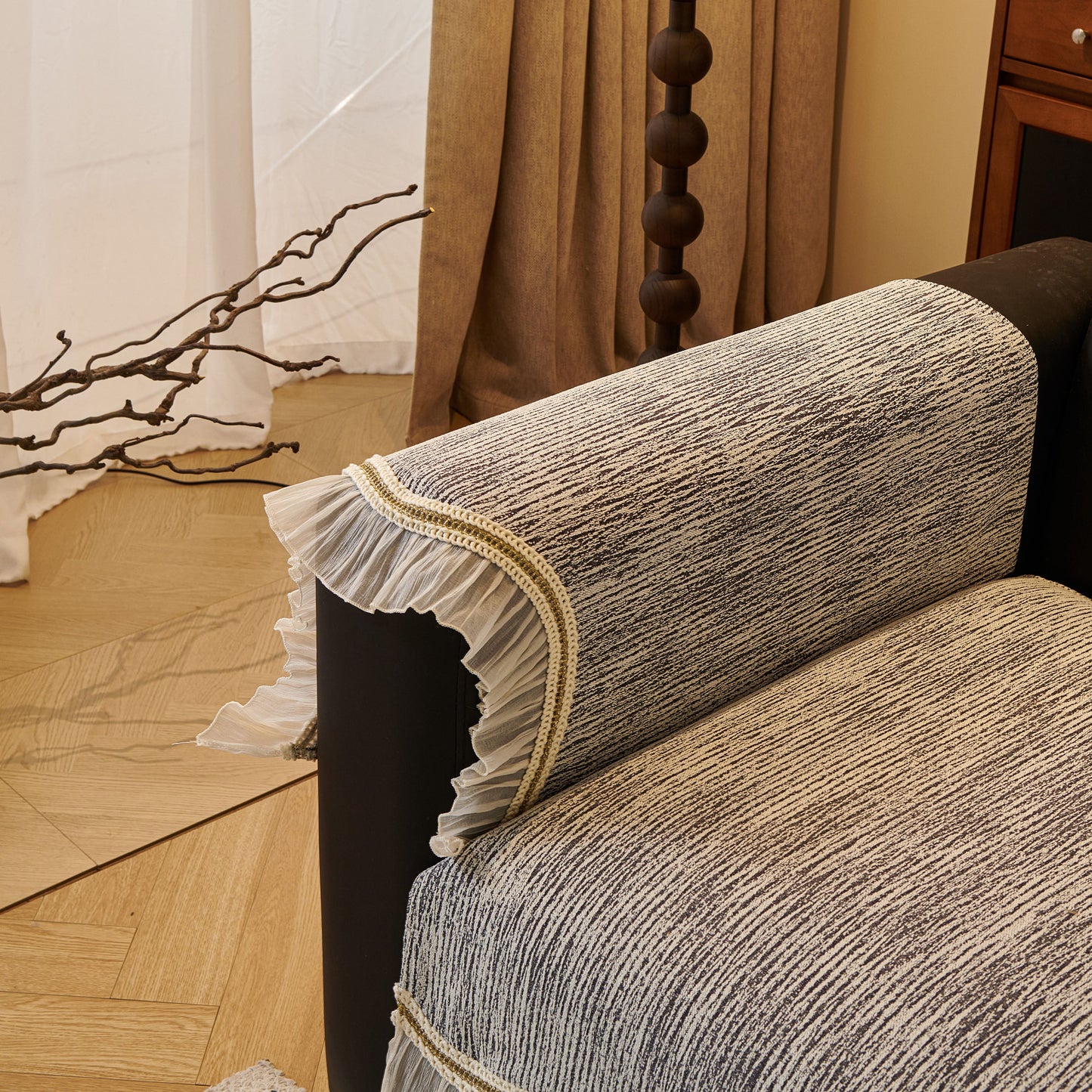 French Vintage Style Couch Cover with Skirt, Non-Slip Sectional Furniture Covers with chenille fabric and gold embroidery trim.