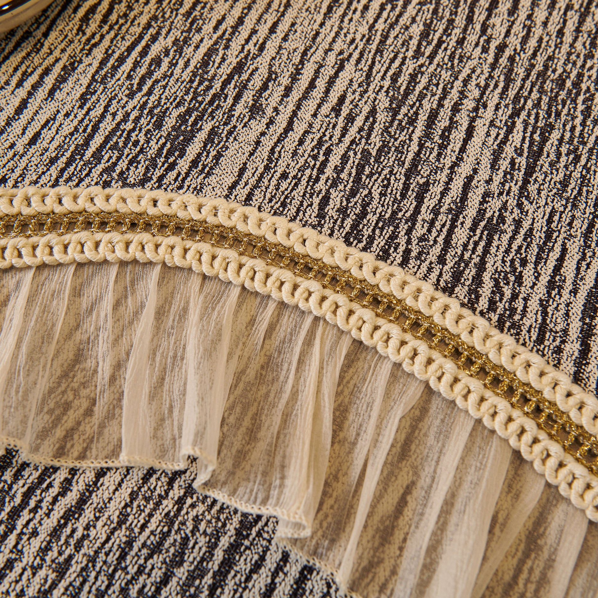 French Vintage Style Couch Cover with Skirt, Non-Slip Sectional Furniture Covers featuring chenille fabric and gold embroidery trim.