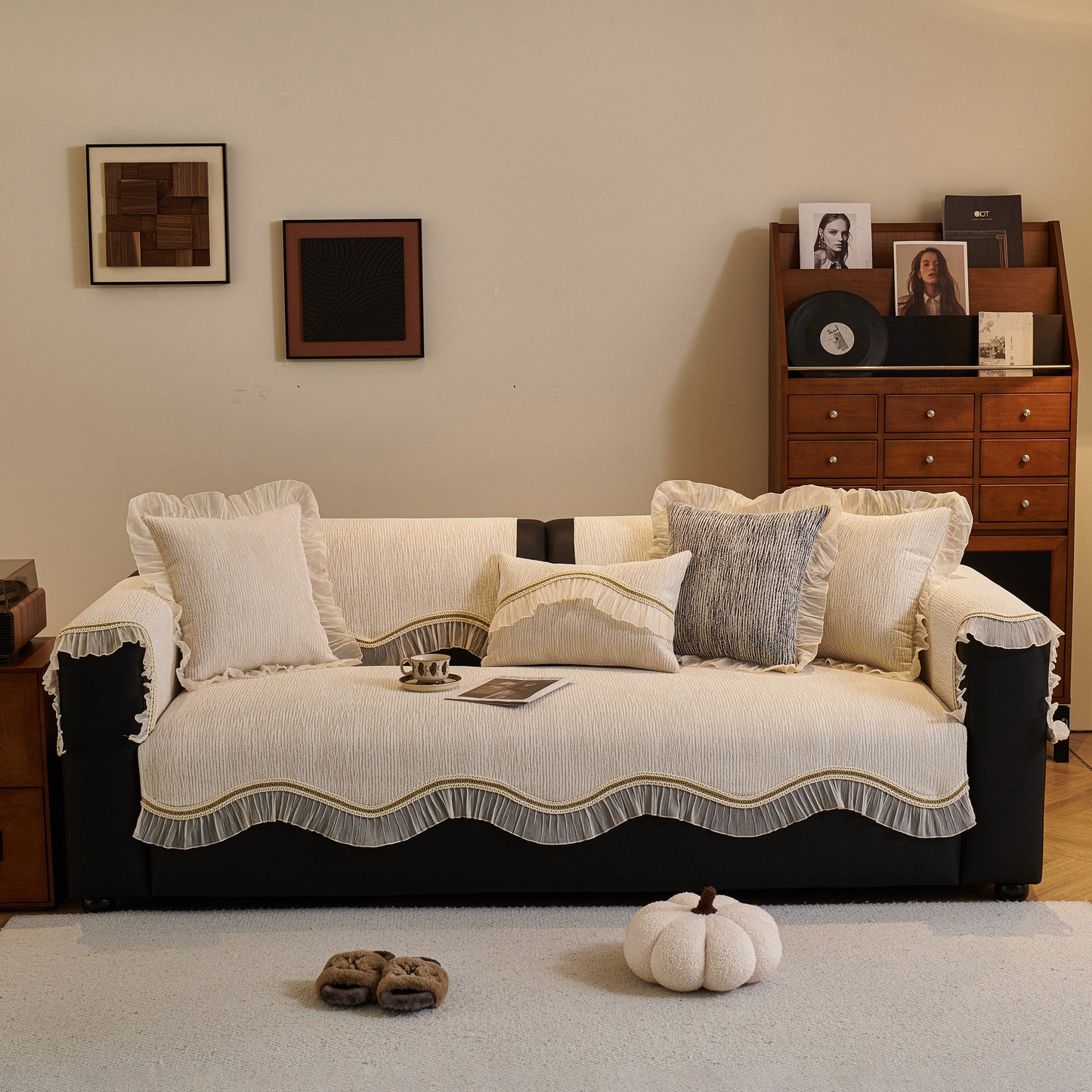 French Vintage Style Couch Cover with Skirt, Non-Slip Sectional Furniture Covers in elegant chenille fabric with ruffle accents.