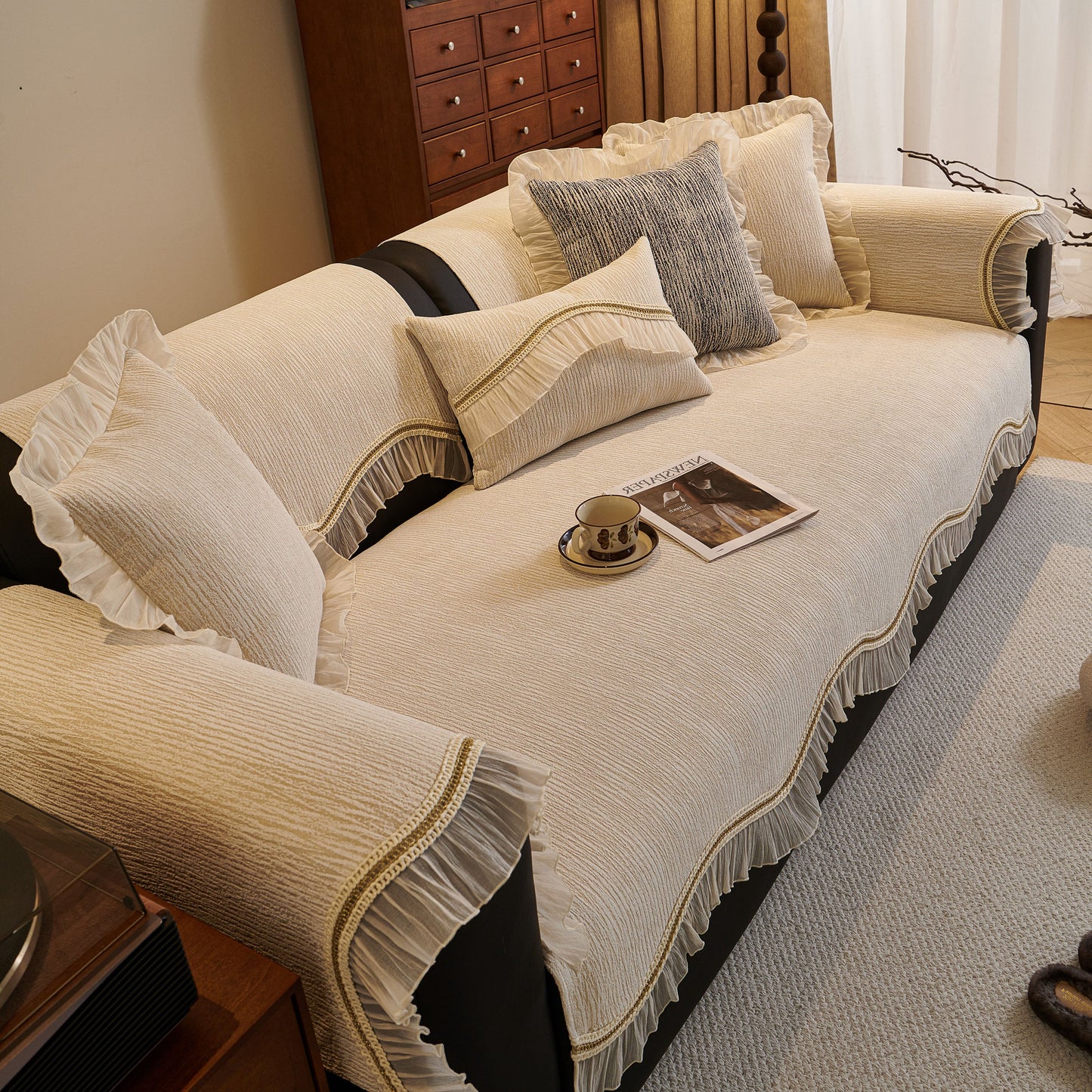 French Vintage Style Couch Cover with Skirt, Non-Slip Sectional Furniture Covers in elegant living room setting