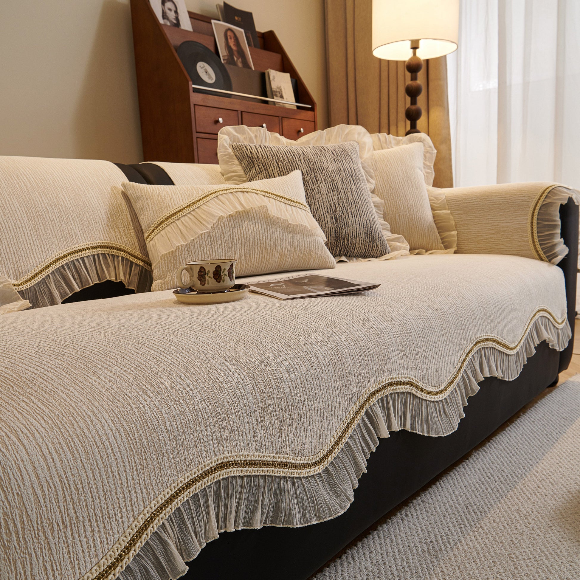 French Vintage Style Couch Cover with Skirt, Non-Slip Sectional Furniture Covers on sofa in living room.