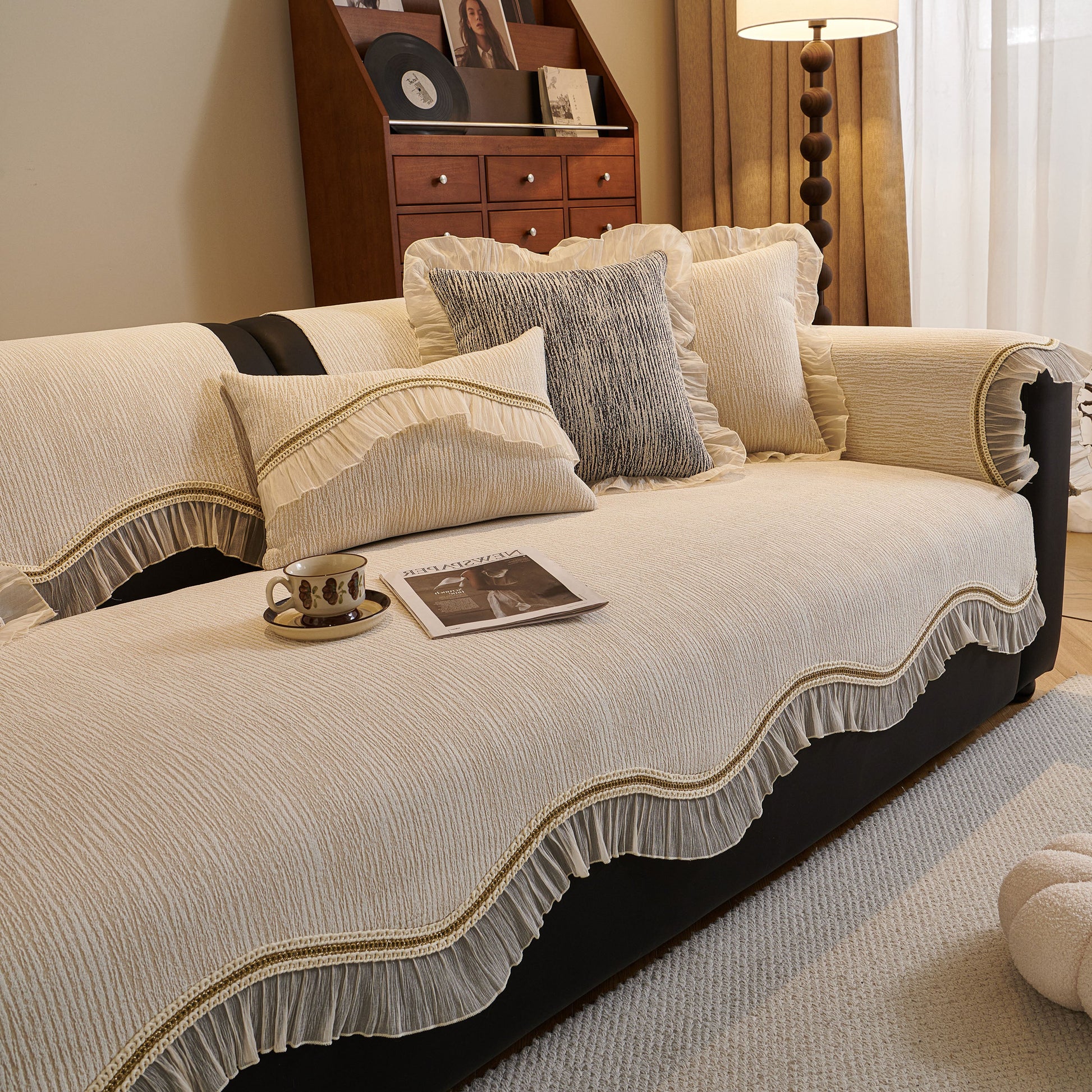 French Vintage Style Couch Cover with Skirt, Non-Slip Sectional Furniture Covers in elegant living room setting