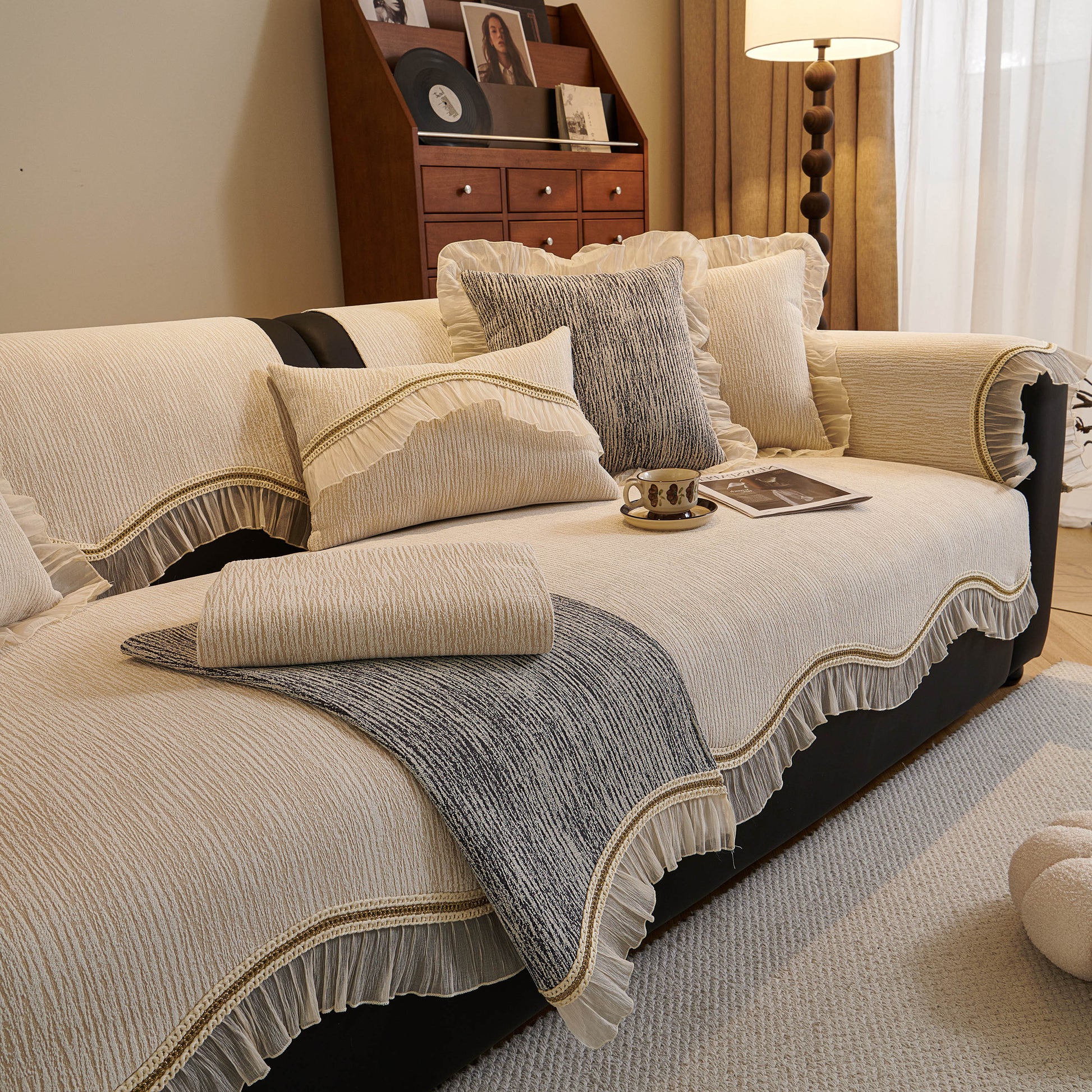 French Vintage Style Couch Cover with Skirt, Non-Slip Sectional Furniture Covers on sofa, featuring chenille fabric and gold embroidery