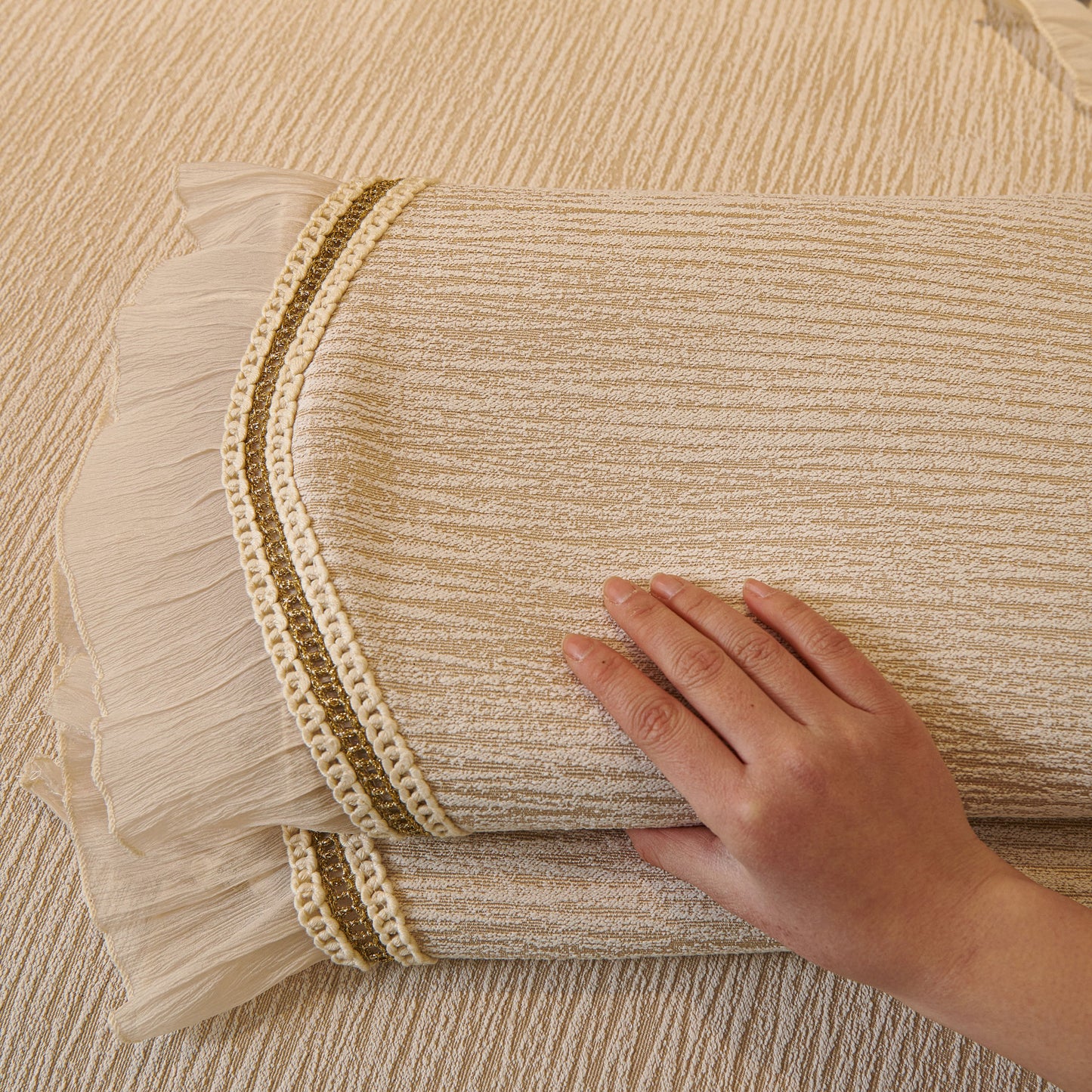 French Vintage Style Couch Cover with Skirt, Non-Slip Sectional Furniture Covers in chenille with decorative gold embroidery and ruffles
