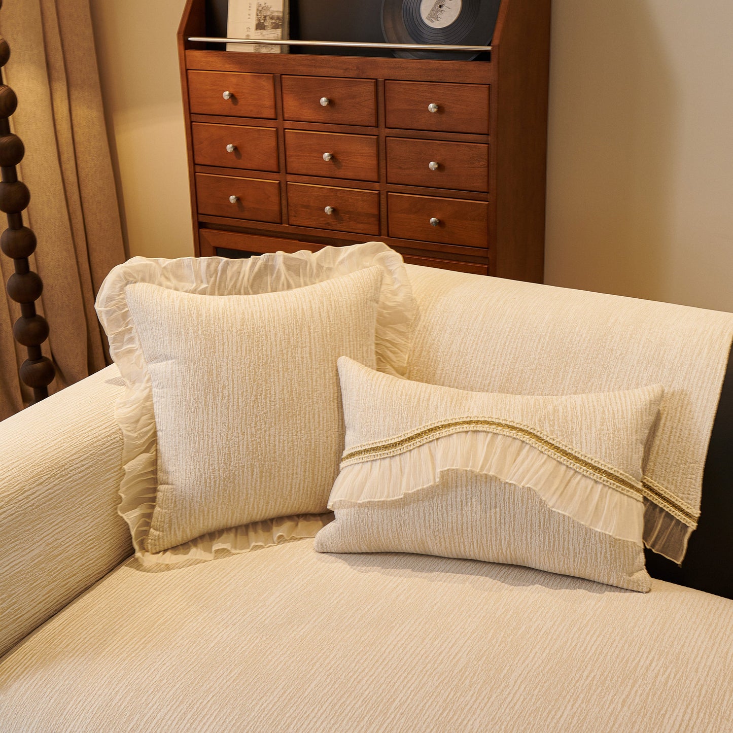 French Vintage Style Couch Cover with Skirt, Non-Slip Sectional Furniture Covers in a cozy living room setting.