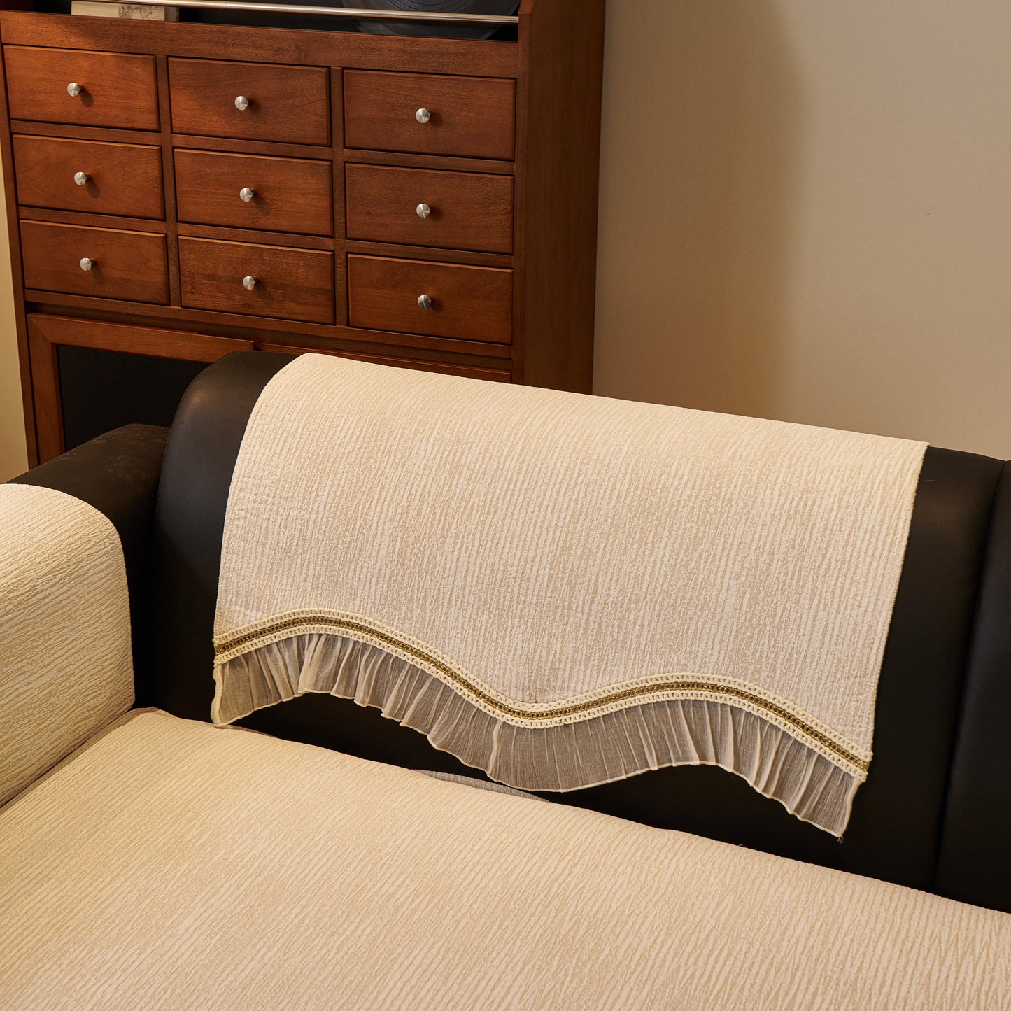 French Vintage Style Couch Cover with Skirt, Non-Slip Sectional Furniture Covers in chenille with gold embroidery and pleated ruffle.
