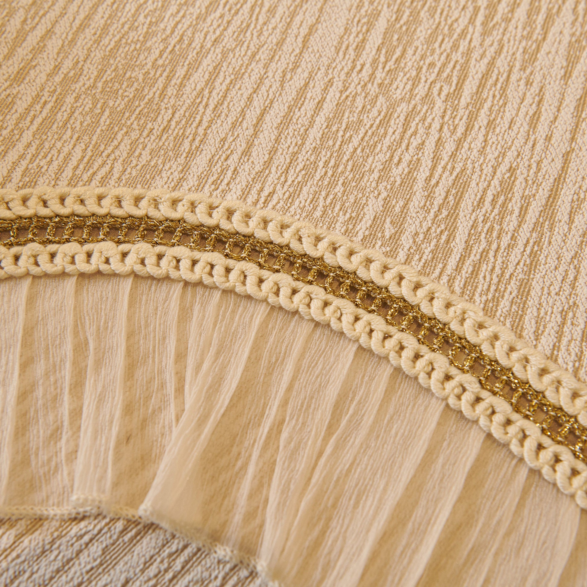 Detail of French Vintage Style Couch Cover with Skirt, Non-Slip Sectional Furniture Covers with gold embroidery and ruffle edges.