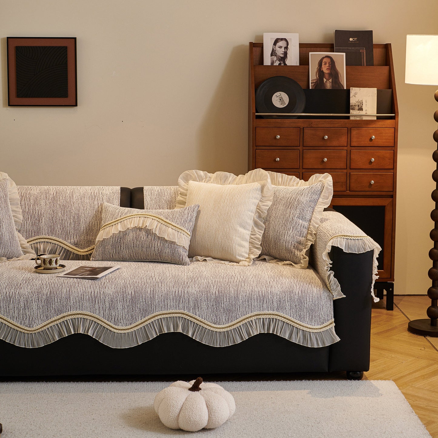 French Vintage Style Couch Cover with Skirt, Non-Slip Sectional Furniture Covers in chenille fabric on a sofa in a cozy room