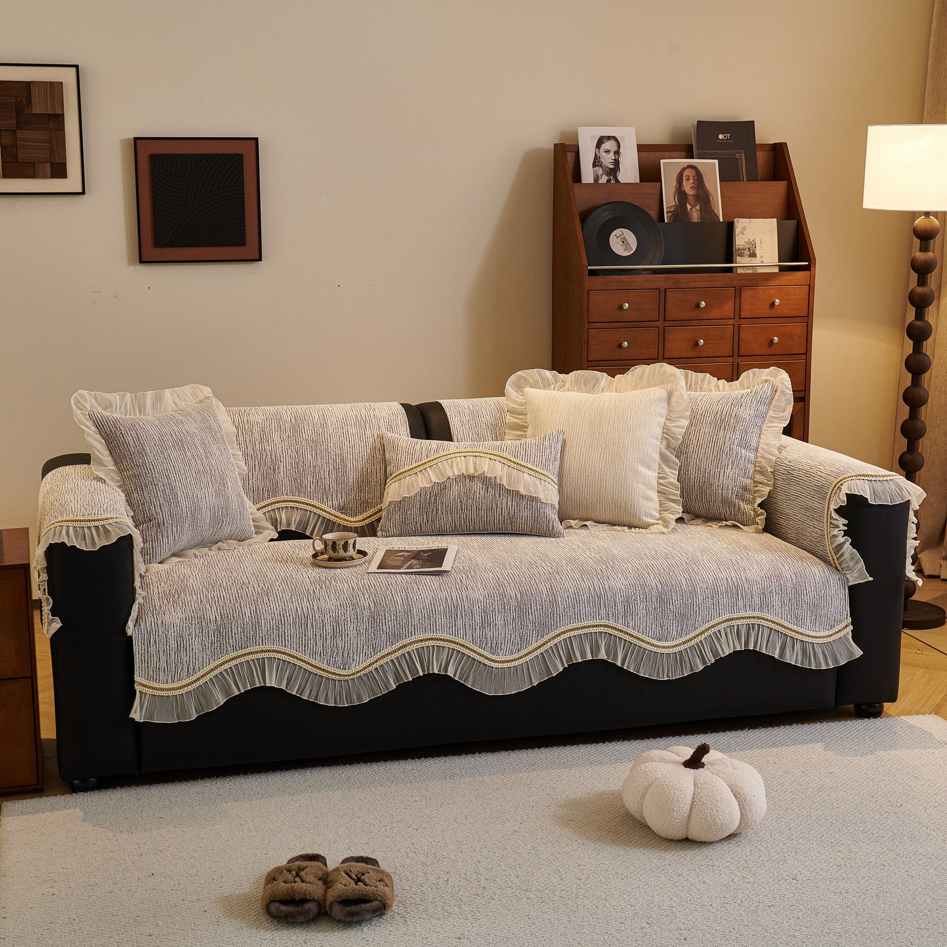 French Vintage Style Couch Cover with Skirt, Non-Slip Sectional Furniture Covers featuring chenille fabric and decorative gold trim.
