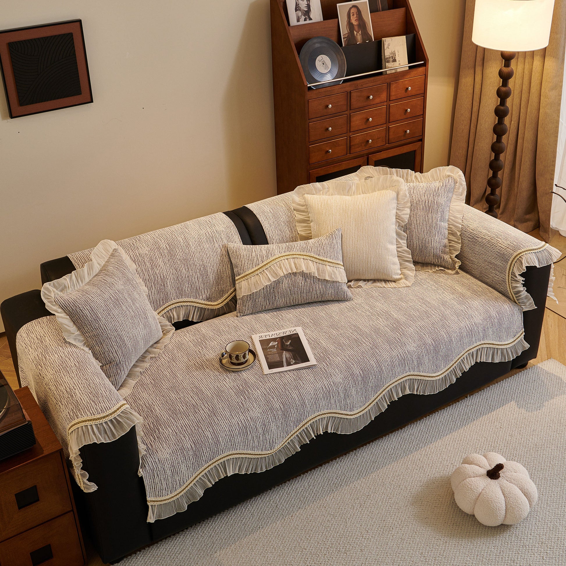 French Vintage Style Couch Cover with Skirt, Non-Slip Sectional Furniture Covers in chenille with gold embroidery on sofa