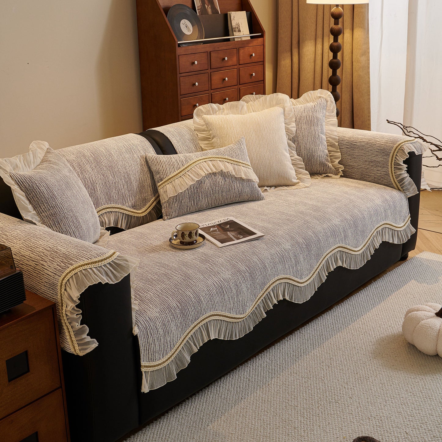 French Vintage Style Couch Cover with Skirt, Non-Slip Sectional Furniture Covers featuring chenille fabric and elegant embroidery trim.