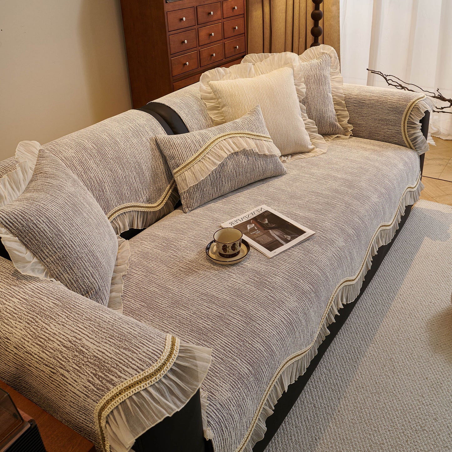 French Vintage Style Couch Cover with Skirt, Non-Slip Sectional Furniture Covers in elegant living room setting.