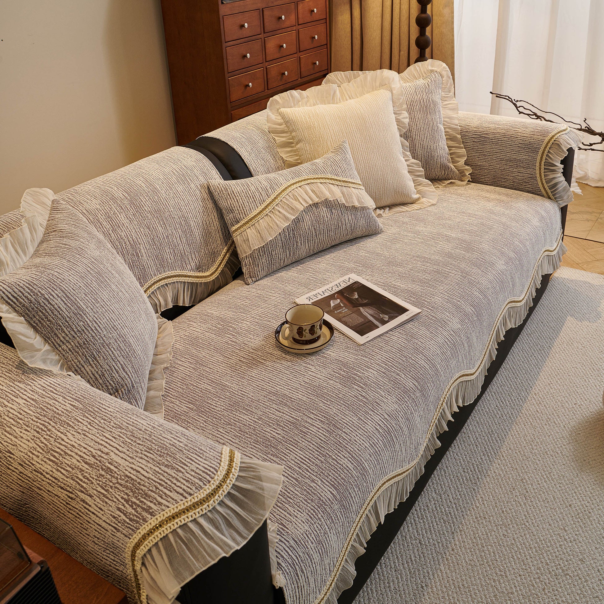 French Vintage Style Couch Cover with Skirt, Non-Slip Sectional Furniture Covers in elegant living room setting.