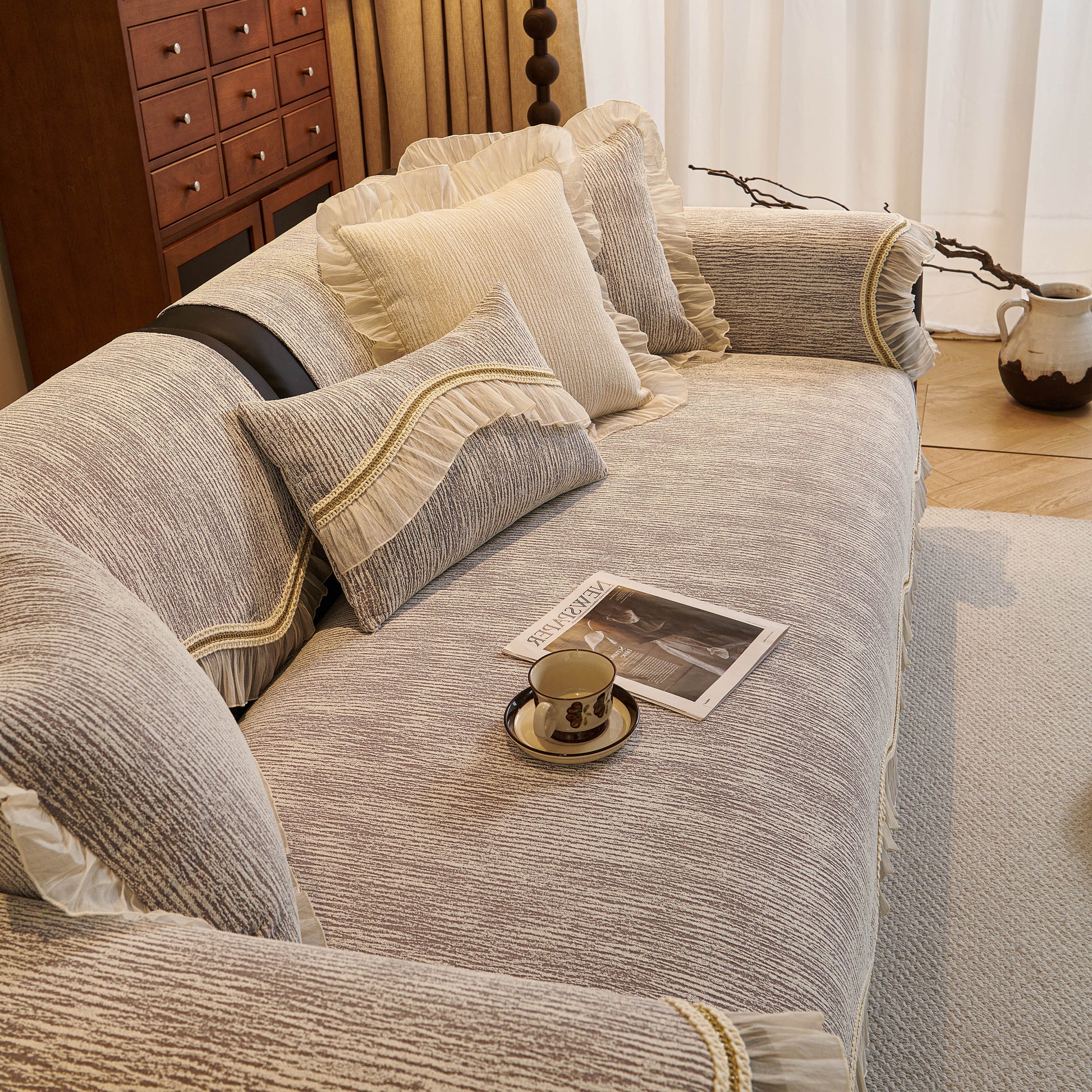 French Vintage Style Couch Cover with Skirt, Non-Slip Sectional Furniture Covers on a chenille fabric sofa with decorative trim.