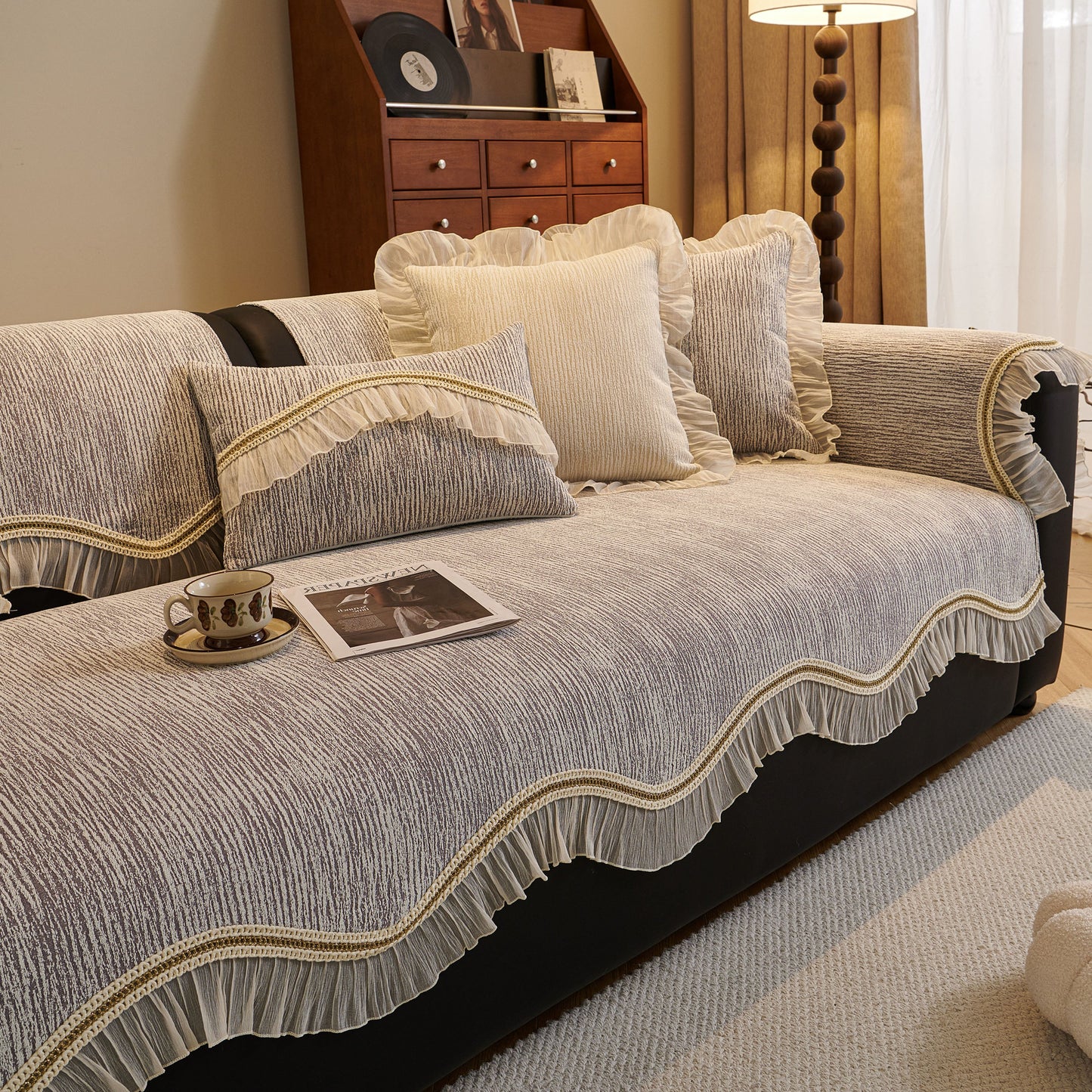 French Vintage Style Couch Cover with Skirt, Non-Slip Sectional Furniture Covers featuring chenille fabric and decorative embroidery.