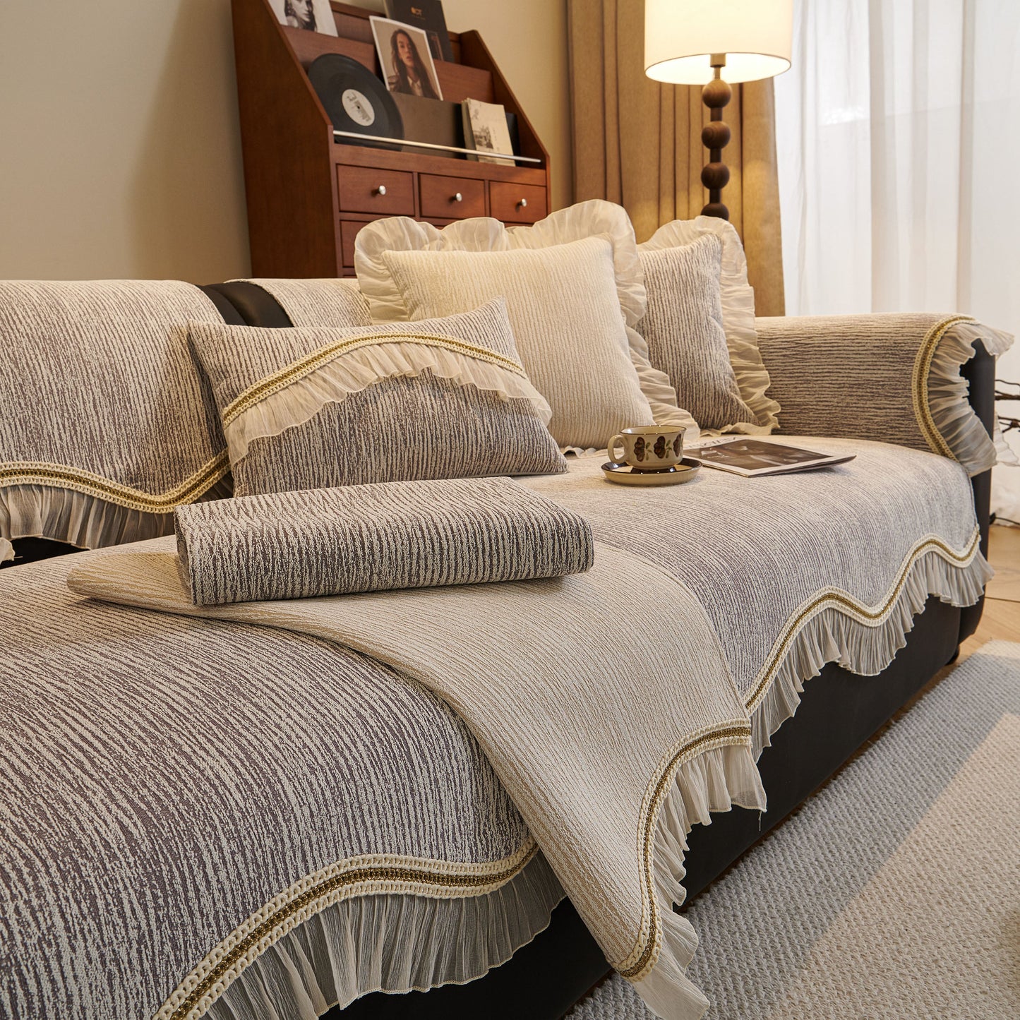 French Vintage Style Couch Cover with Skirt, Non-Slip Sectional Furniture Covers with chenille fabric and decorative trim.