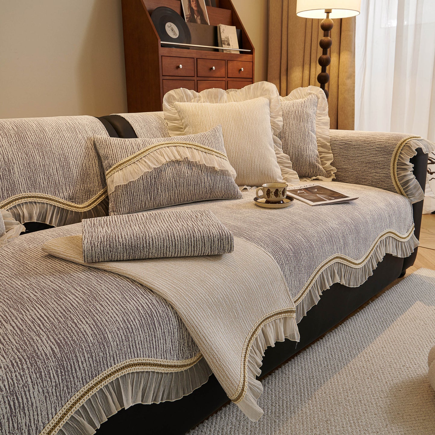French Vintage Style Couch Cover with Skirt, Non-Slip Sectional Furniture Covers in chenille with pleated ruffle edges and gold trim