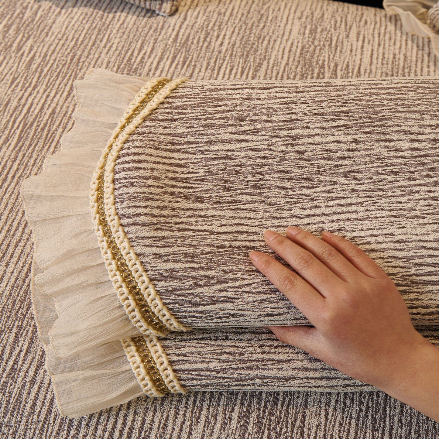 French Vintage Style Couch Cover with Skirt, Non-Slip Sectional Furniture Covers showcasing chenille fabric and decorative gold embroidery.