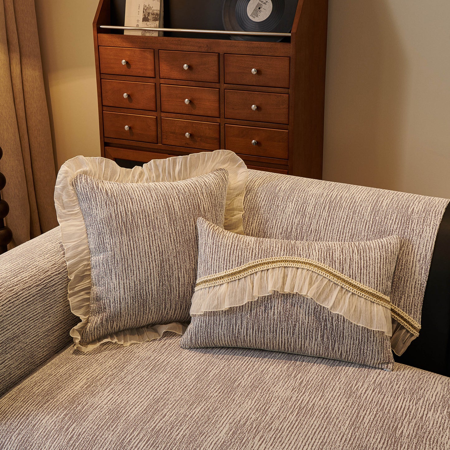French Vintage Style Couch Cover with Skirt, Non-Slip Sectional Furniture Covers showcasing chenille fabric and decorative trim.
