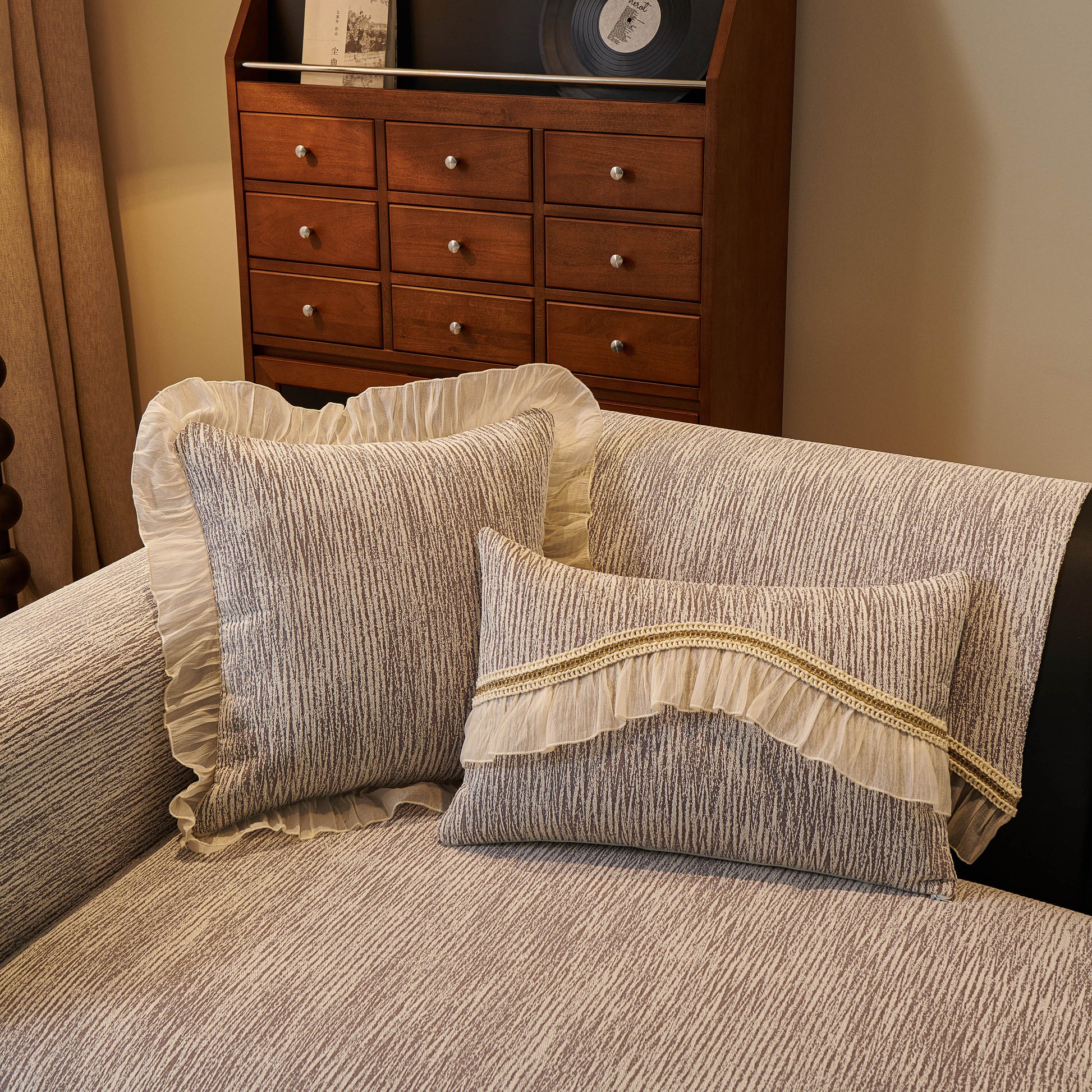 French Vintage Style Couch Cover with Skirt, Non-Slip Sectional Furniture Covers showcasing chenille fabric and decorative trim.