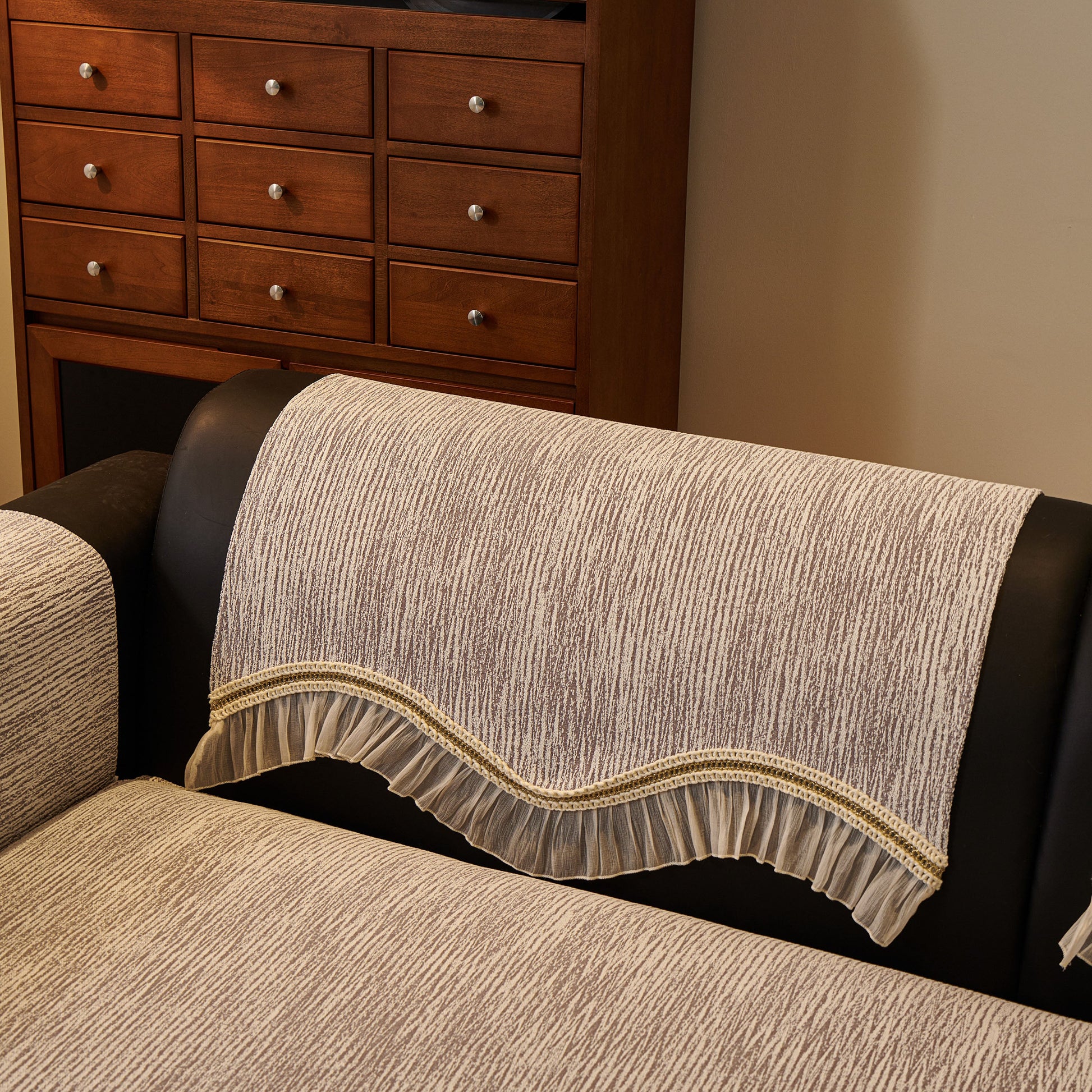 French Vintage Style Couch Cover with Skirt, Non-Slip Sectional Furniture Covers in chenille with ruffle and gold embroidery.