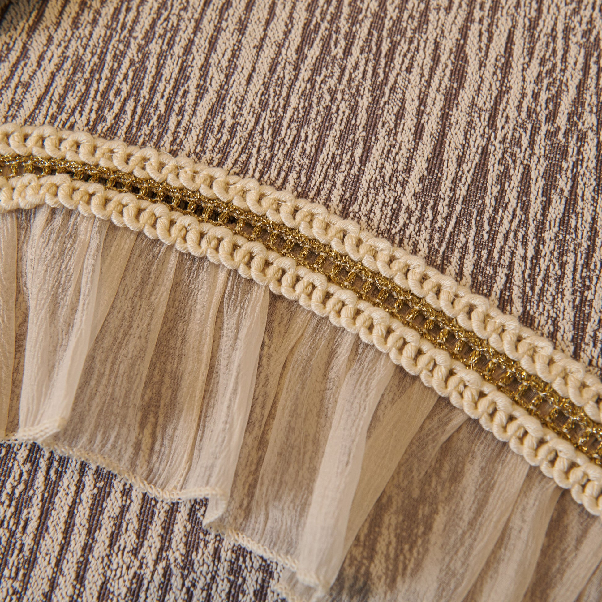 Close-up of French Vintage Style Couch Cover with Skirt, Non-Slip Sectional Furniture Covers showing gold embroidery and pleated edges.
