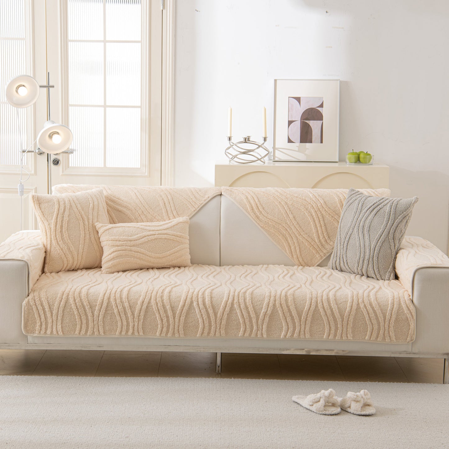 Beige Winter Thickened Non-slip Blanket on sofa, Three-Dimensional Embossed Cotton Velvet Sofa Cover in modern living room setting.
