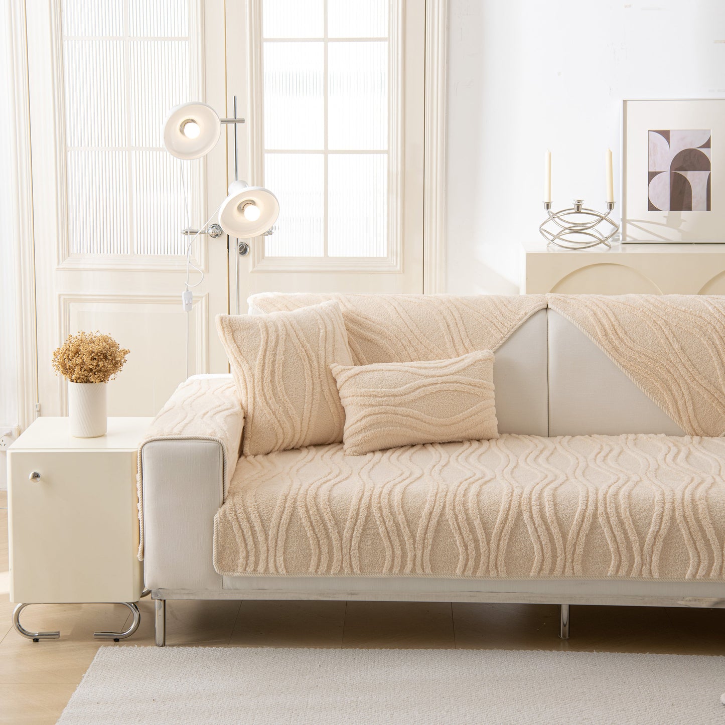 Winter Thickened Non-slip Blanket, Three-Dimensional Embossed Cotton Velvet Sofa Cover enhancing a cozy living room.