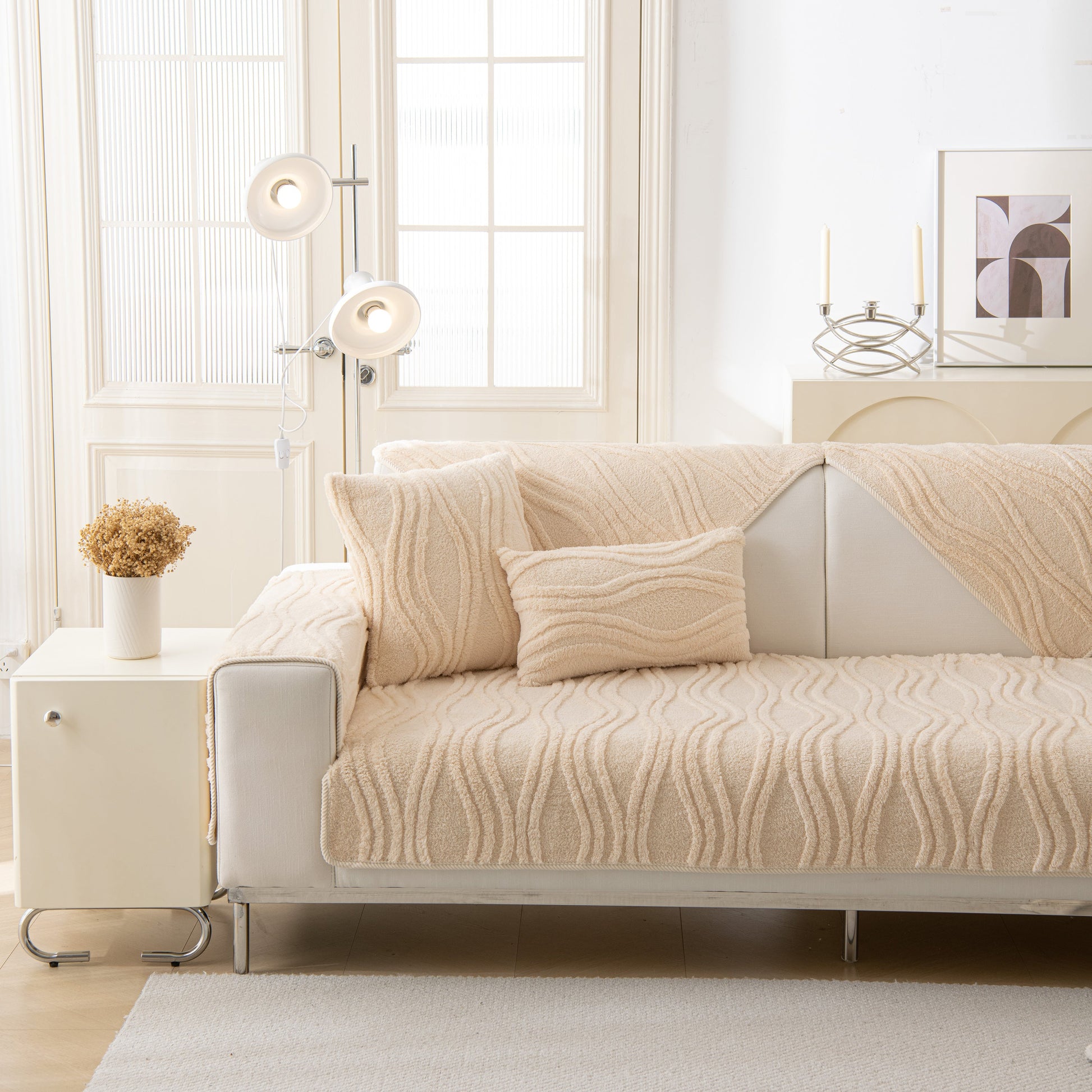Winter Thickened Non-slip Blanket, Three-Dimensional Embossed Cotton Velvet Sofa Cover enhancing a cozy living room.