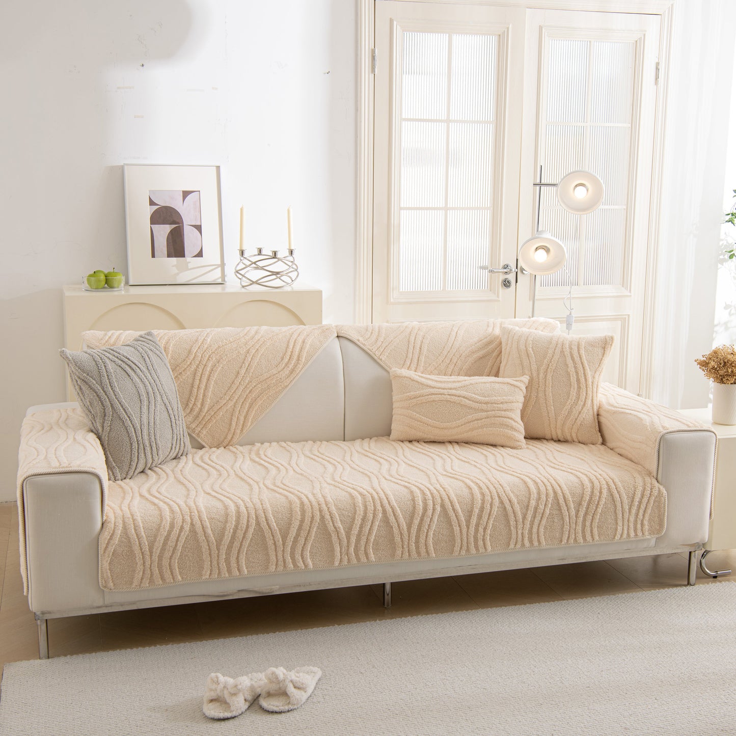 Winter Thickened Non-slip Blanket, Three-Dimensional Embossed Cotton Velvet Sofa Cover on modern beige sofa in living room.