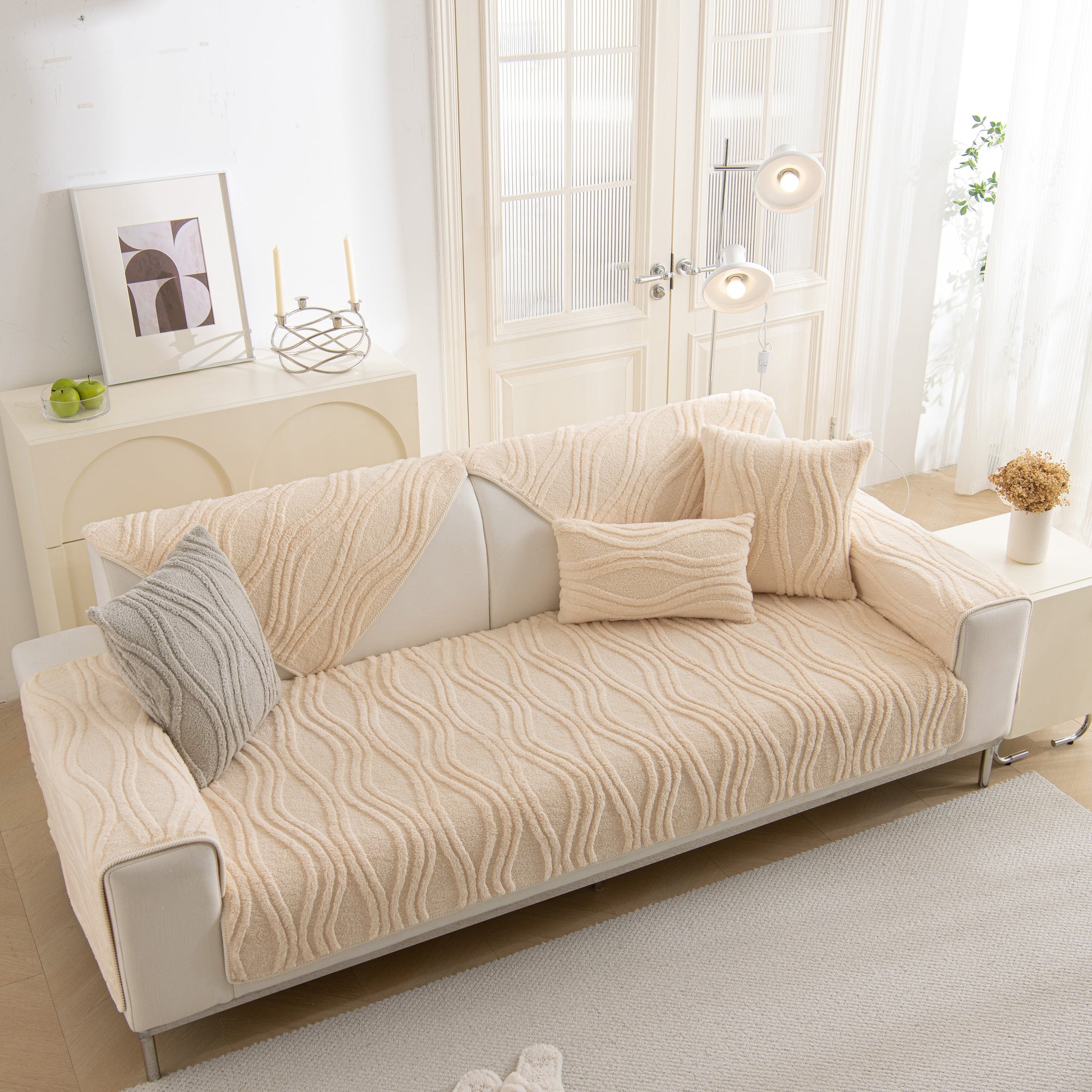 Winter Thickened Non-slip Blanket, Three-Dimensional Embossed Cotton Velvet Sofa Cover in a cozy living room setting