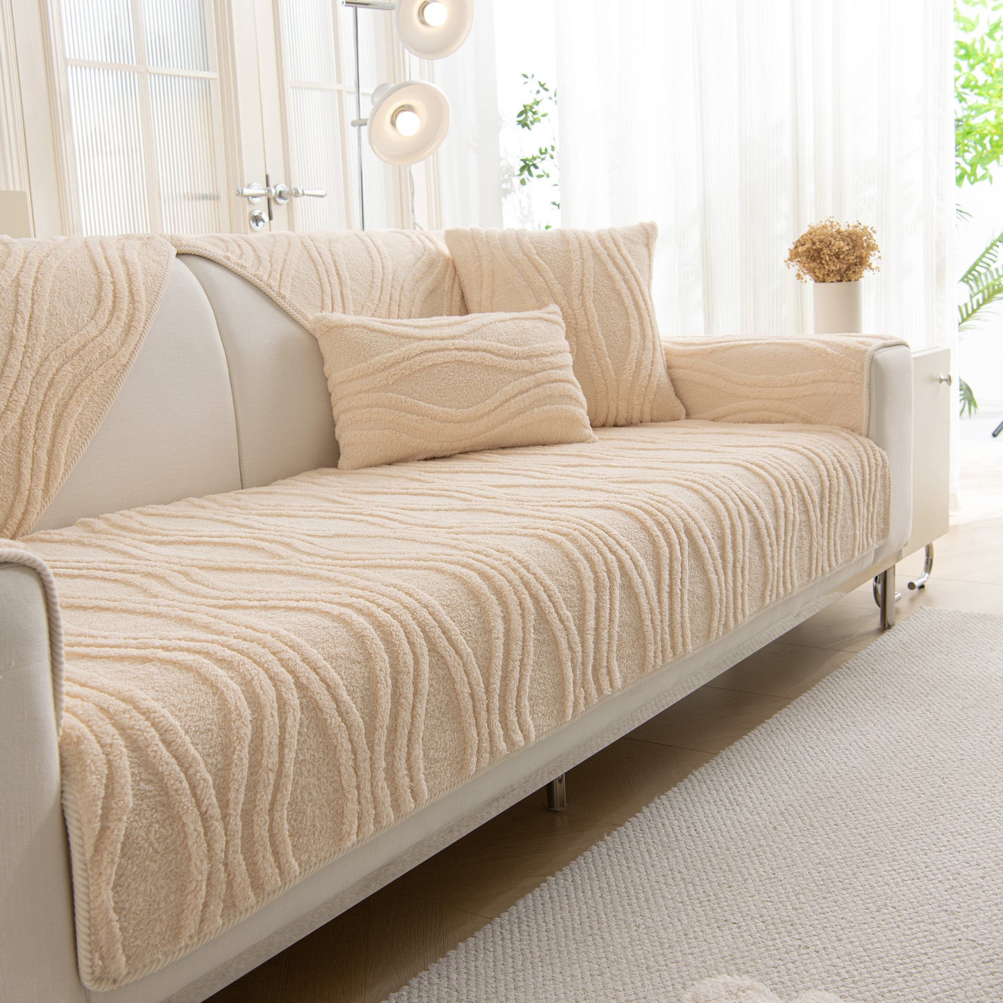 Winter Thickened Non-slip Blanket, Three-Dimensional Embossed Cotton Velvet Sofa Cover on a modern beige sofa.